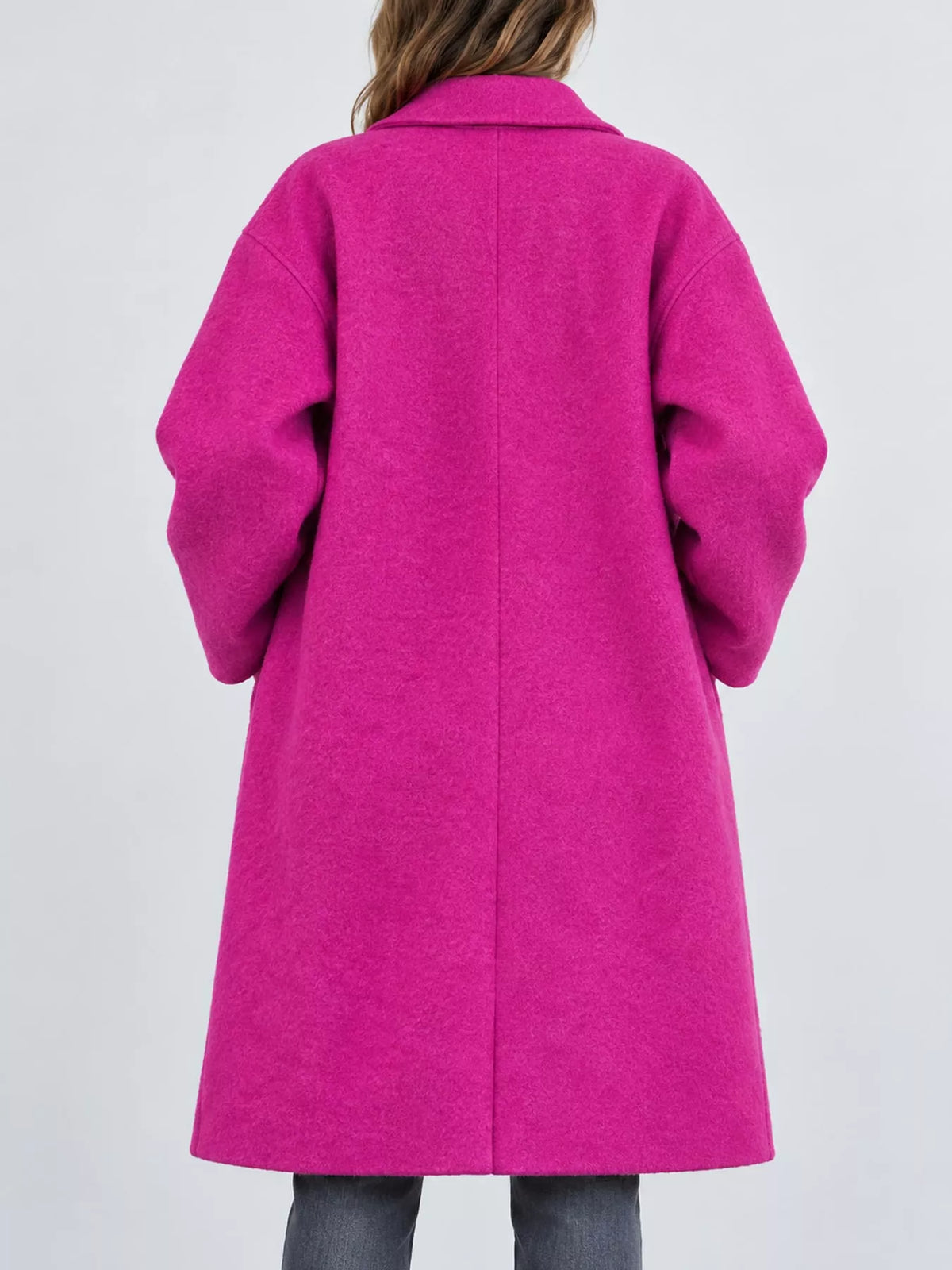 Pink lapel collar one button coat, back view
