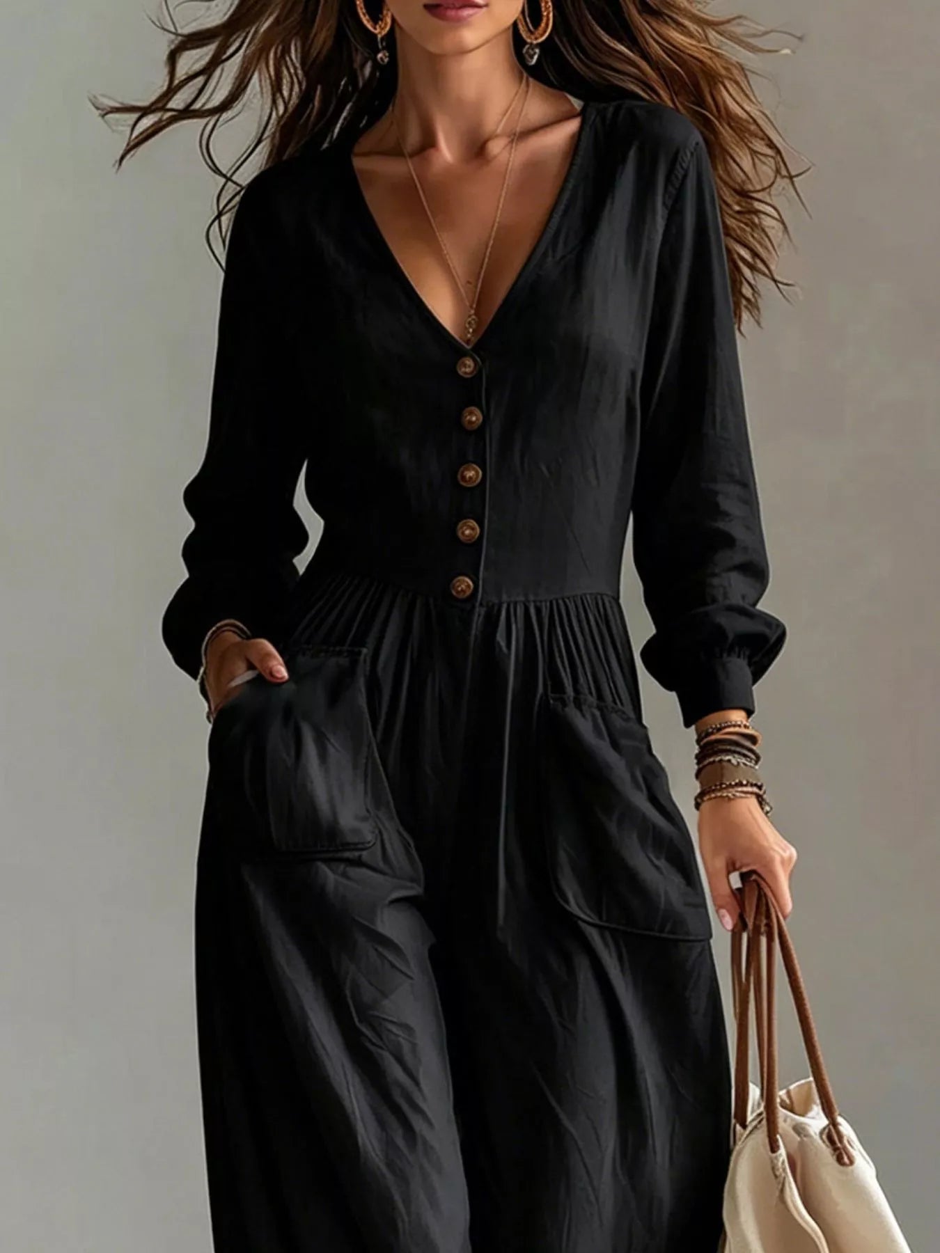 Trendsi V-Neck Long Sleeve Button-Down Wide Leg Jumpsuit -