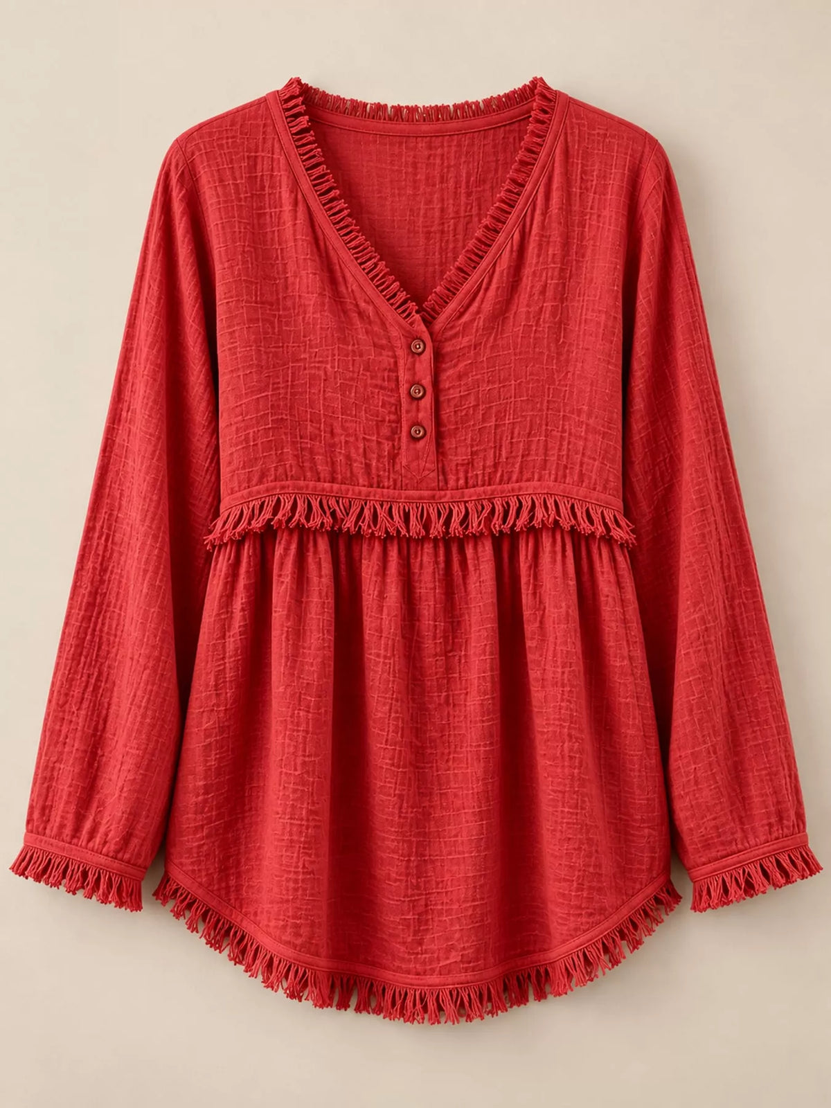 Fringe-trim blouse, red hanging front
