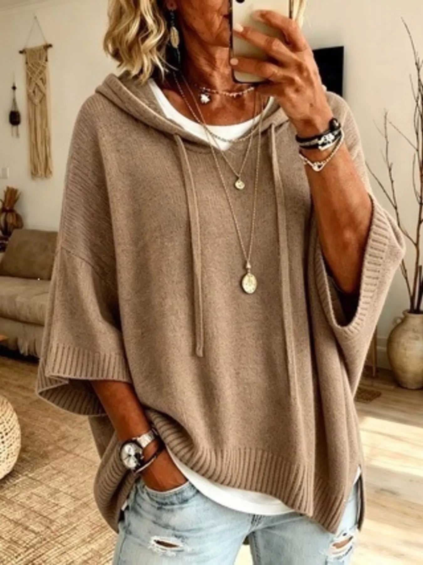 Trendsi Full Size Casual Hooded Batwing Sleeve Knit Sweater Plus Size -