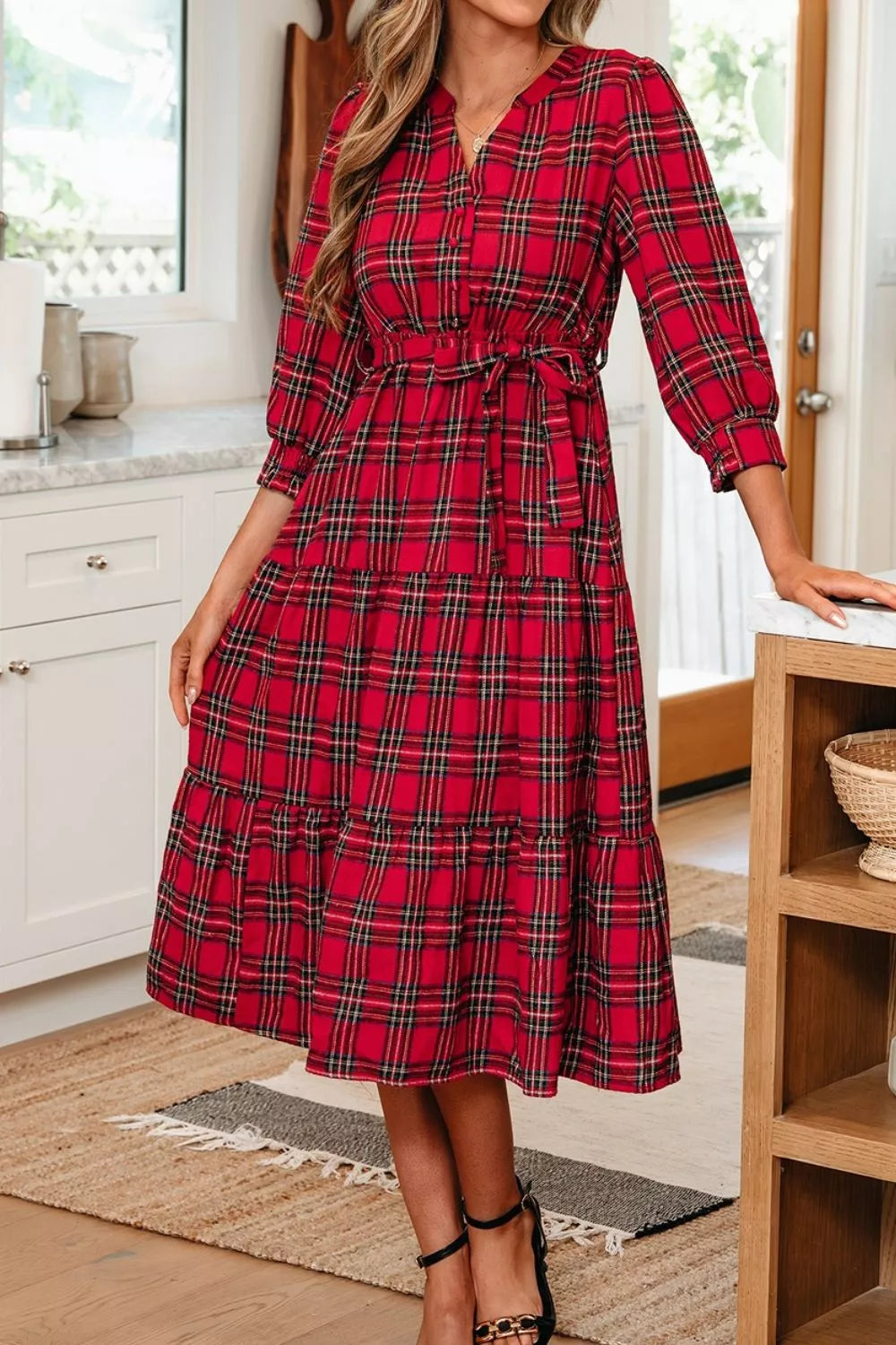 Trendsi Christmas Plaid V Neck 3/4 Sleeve Tie Waist Ruffle Hem Midi Dress -