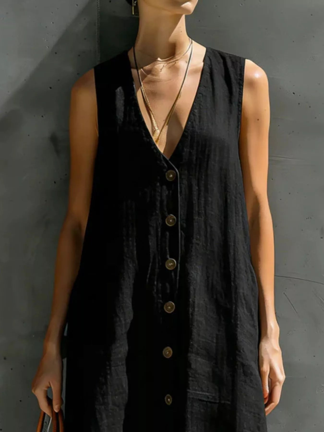 Trendsi Full Size Sleeveless V-Neck Button-Down Linen Maxi Dress Plus Size -