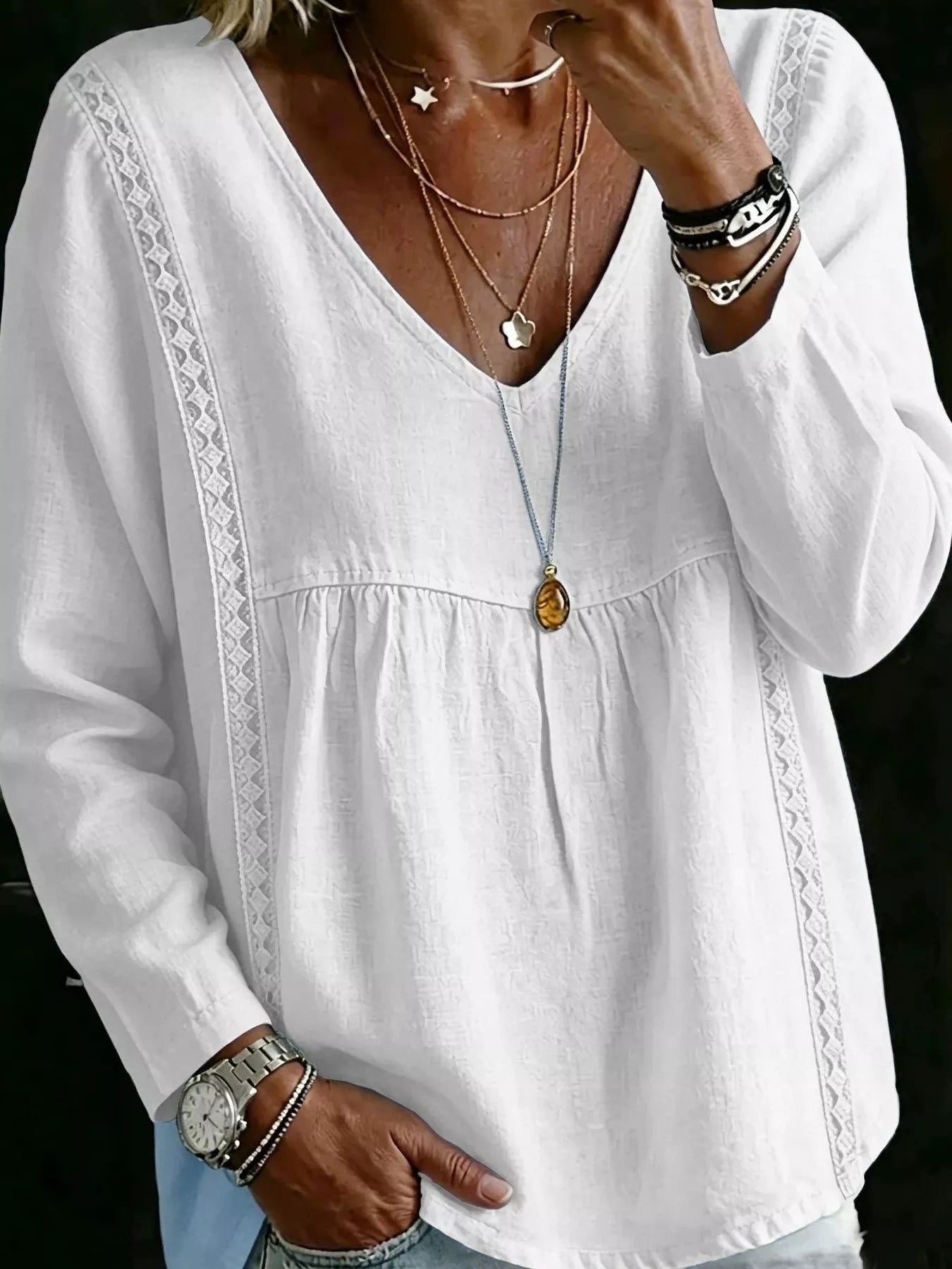 Trendsi Full Size V-Neck Lace Trimmed Long Sleeve Blouse Plus Size -