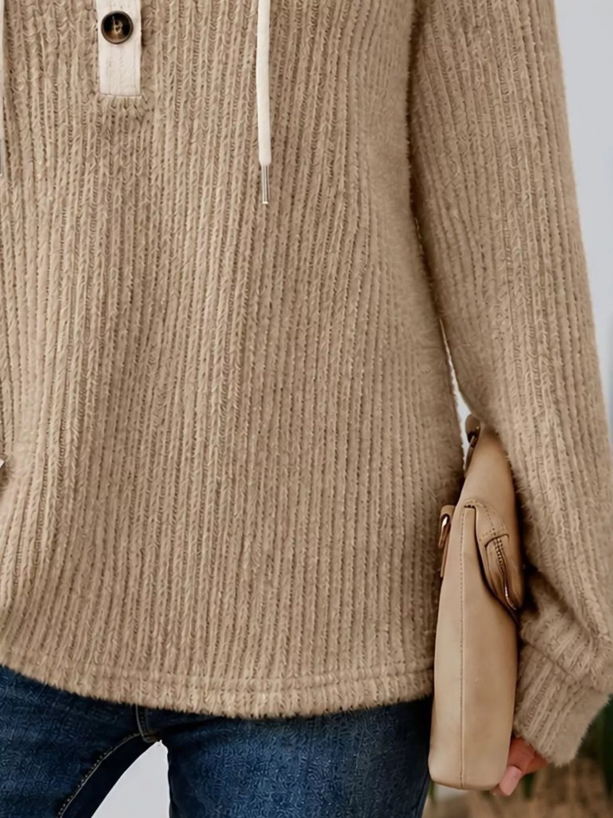 Trendsi Full Size Drawstring Button Detail Hooded Sweater Plus Size -