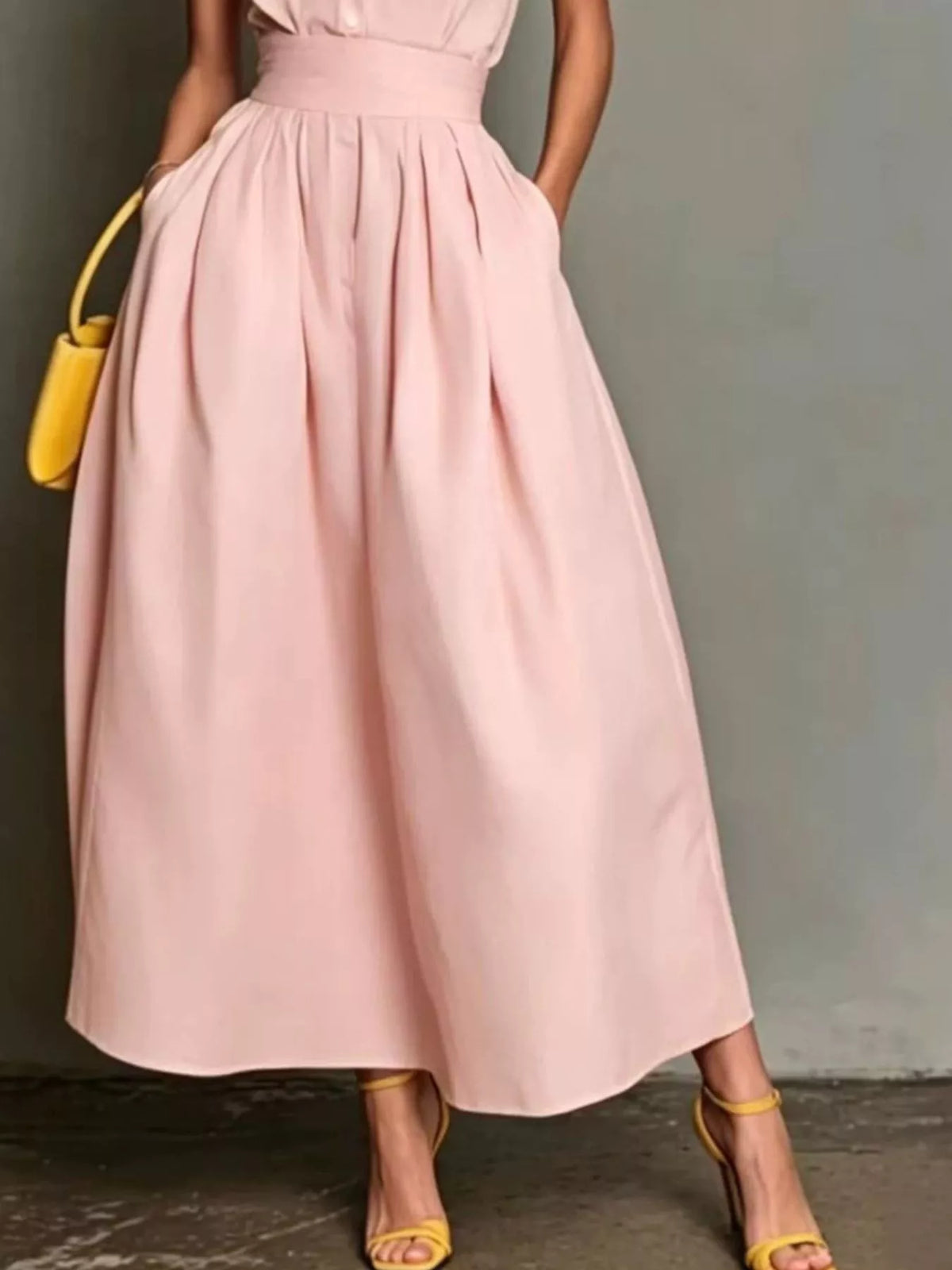 Pink halter-collar A-line midi dress, skirt detail