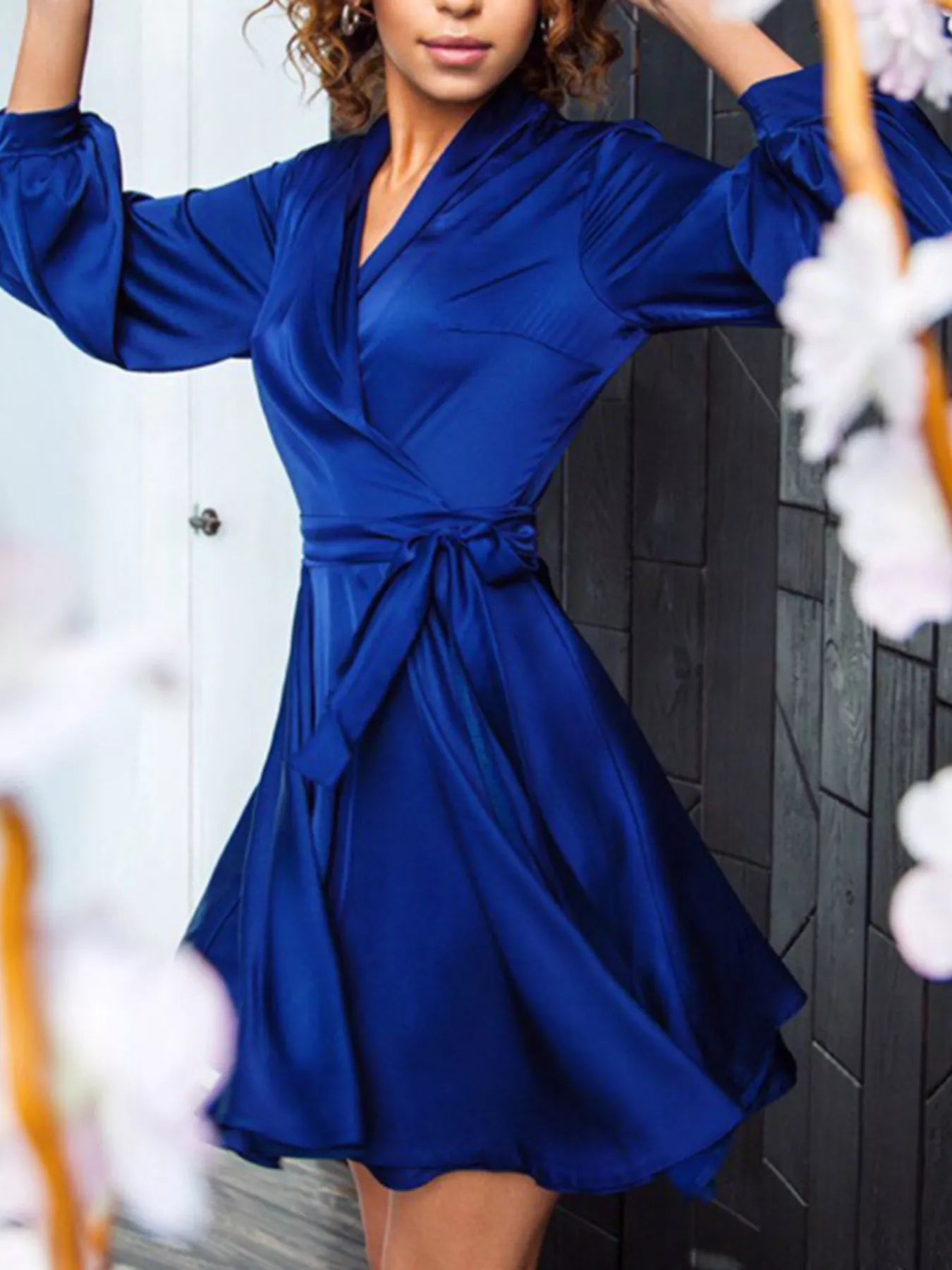 Trendsi Satin Surplice Long Sleeve Mini Dress -