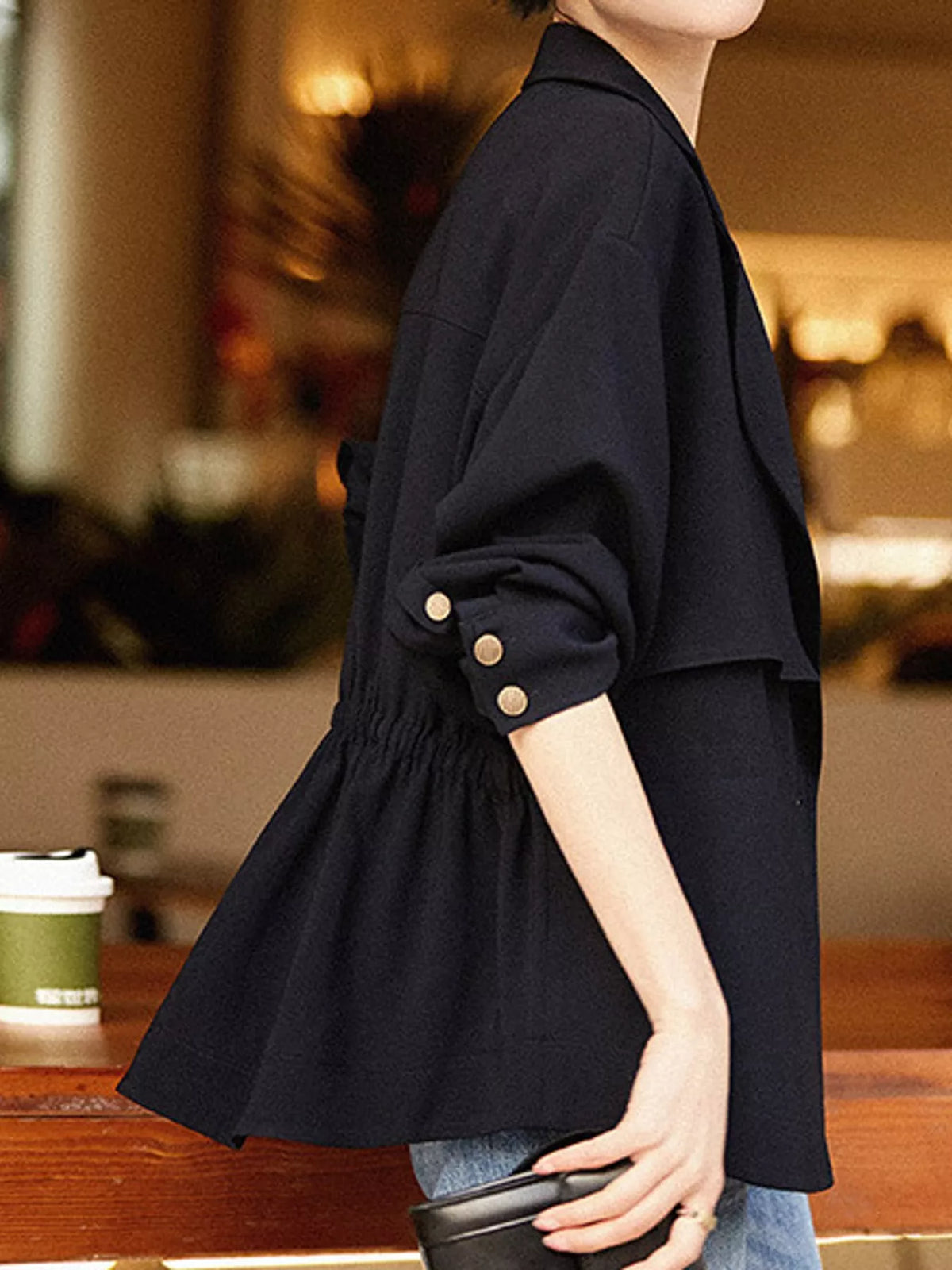 Lapel Collar Button Up Blazer, detail view in black