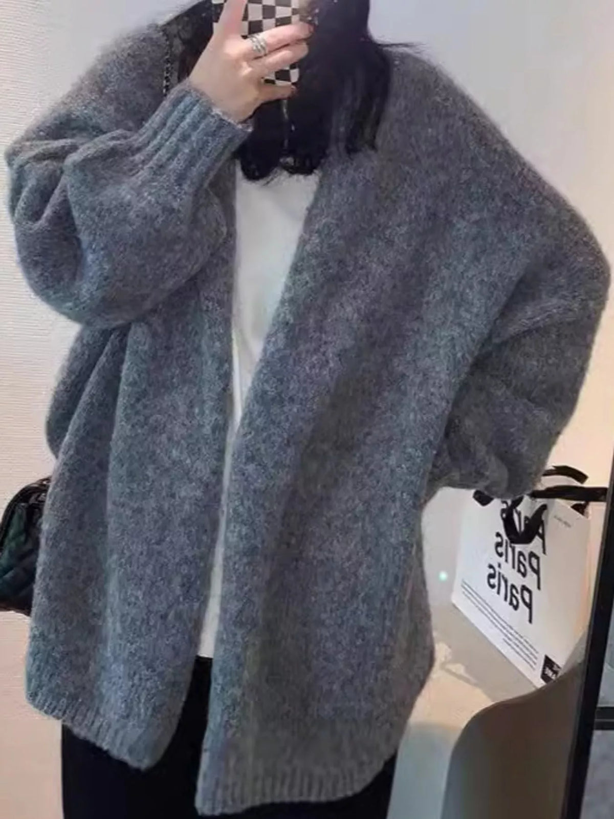 Open Front Dropped Shoulder Cardigan in gray