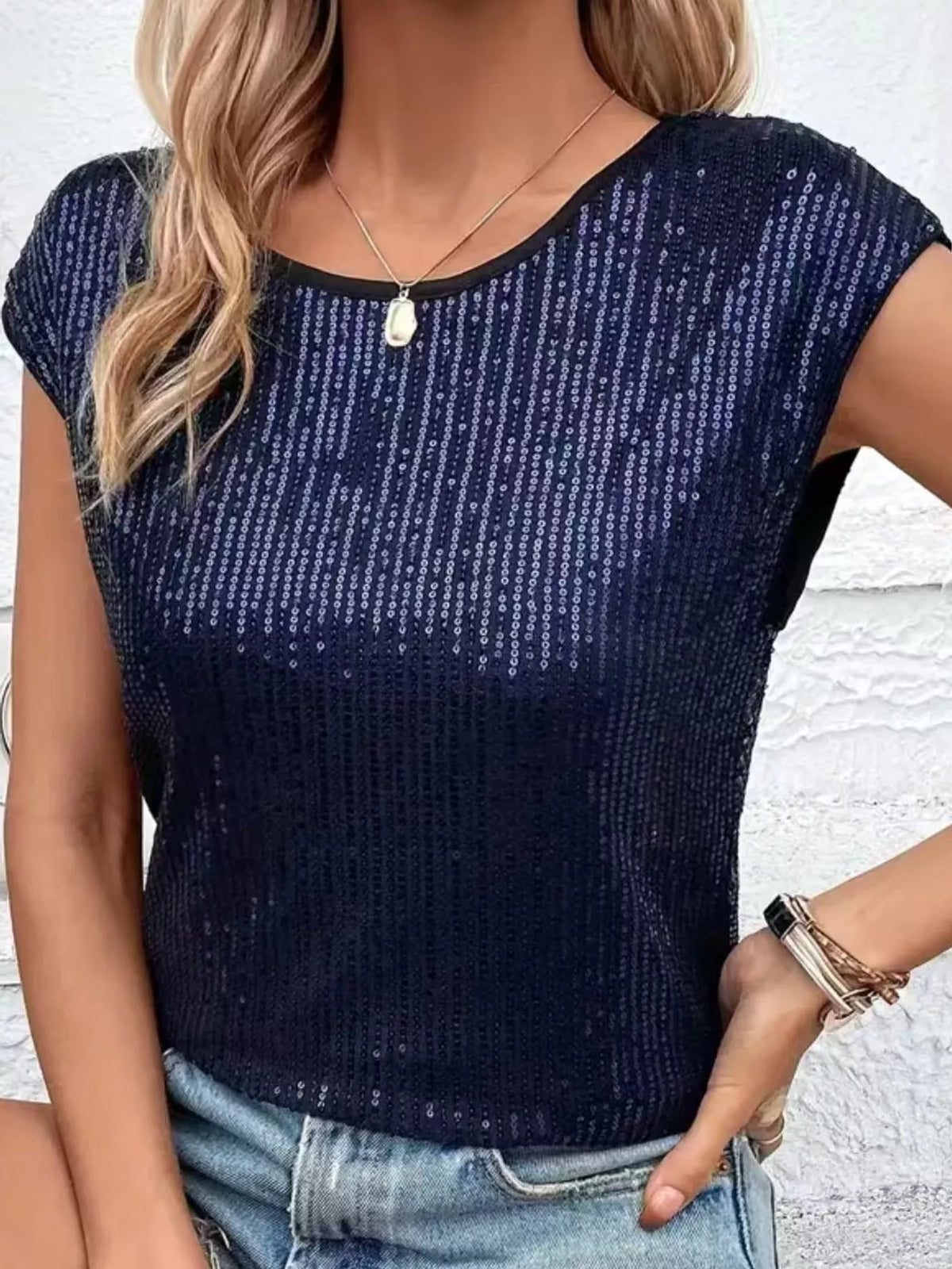 Navy sequin round neck tank, front view