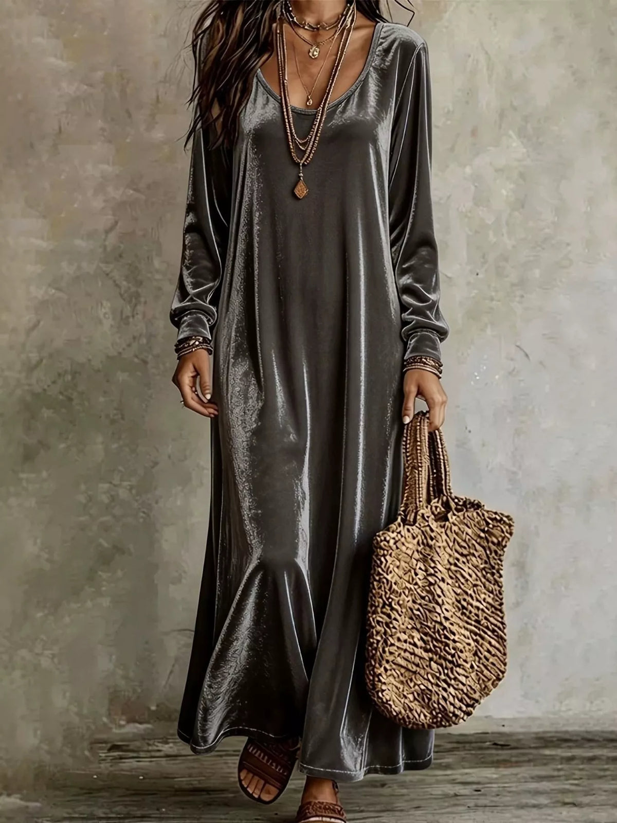 Velvet maxi dress, gray front