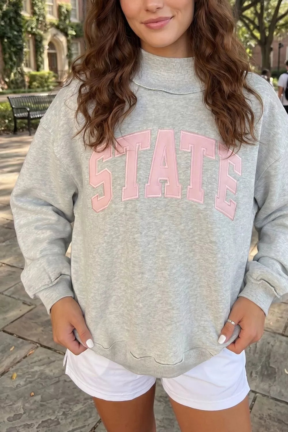 STATE Graphic Exposed Seam Mock Neck Sweatshirt in gray, front view