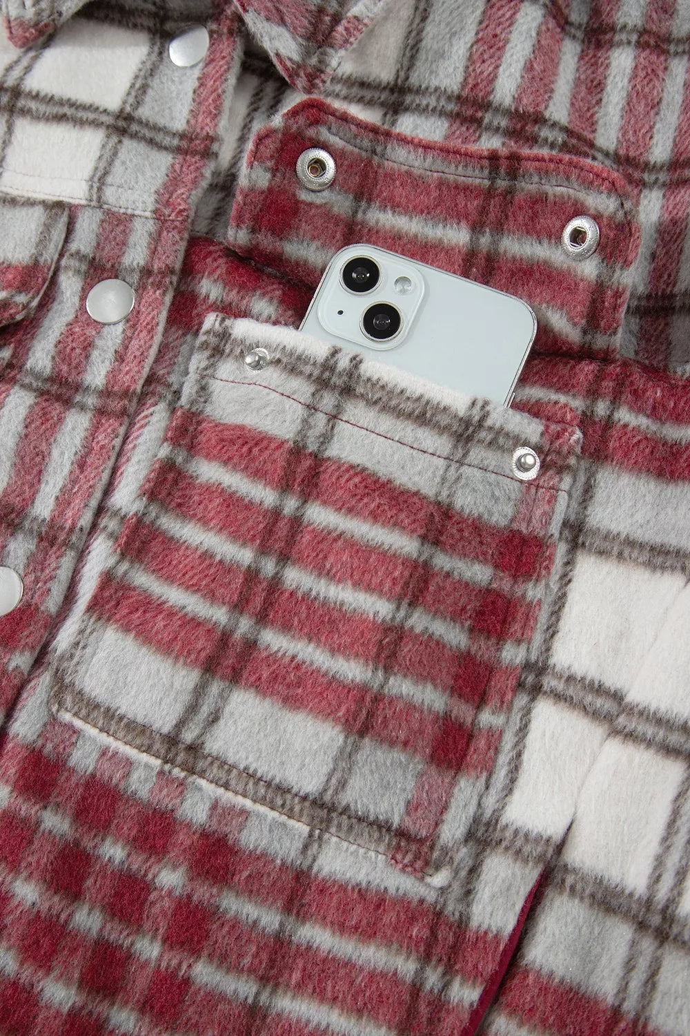 Plaid Button-Collar Long Sleeve Jacket, chest pocket detail