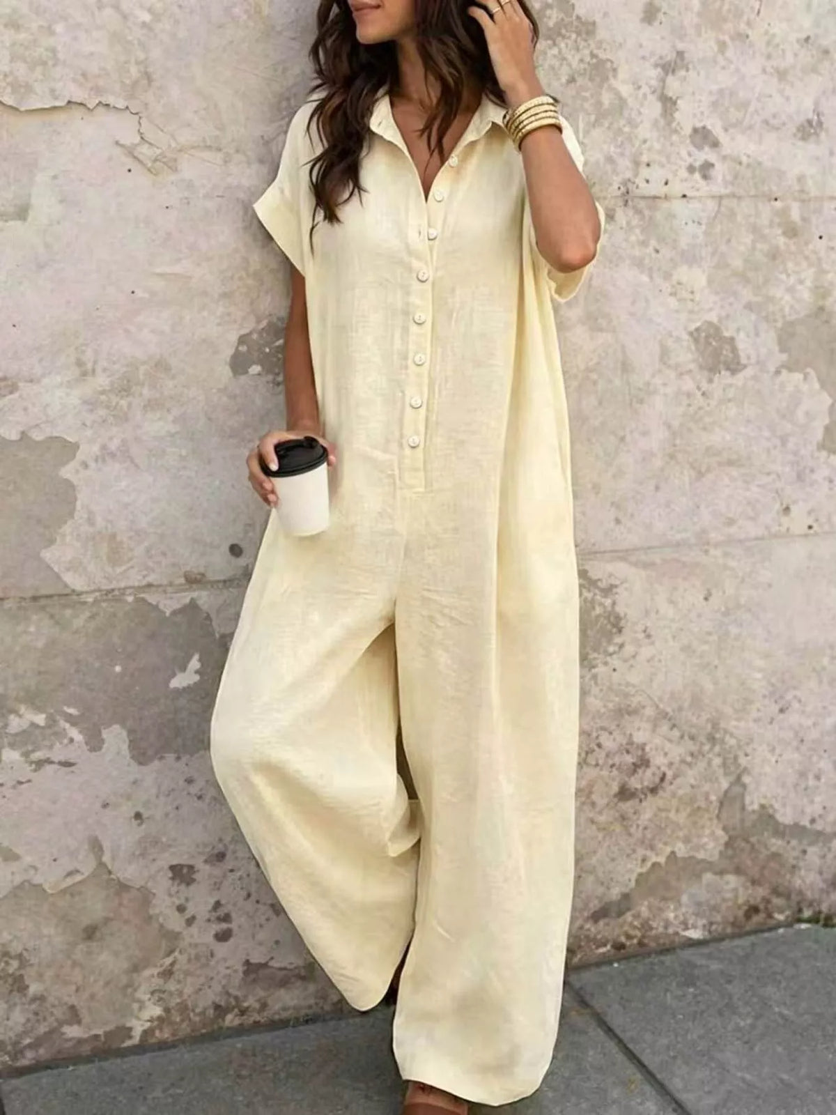 Cream button-front jumpsuit, front view