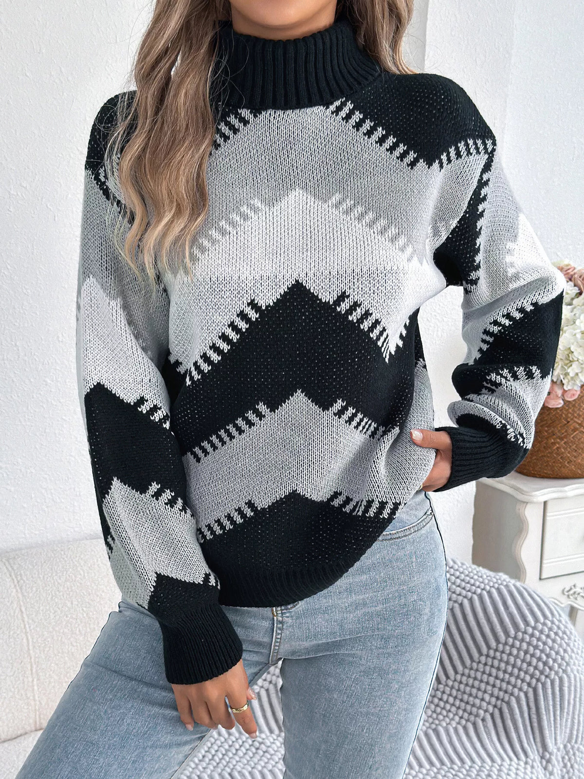 Black chevron pattern turtleneck sweater
