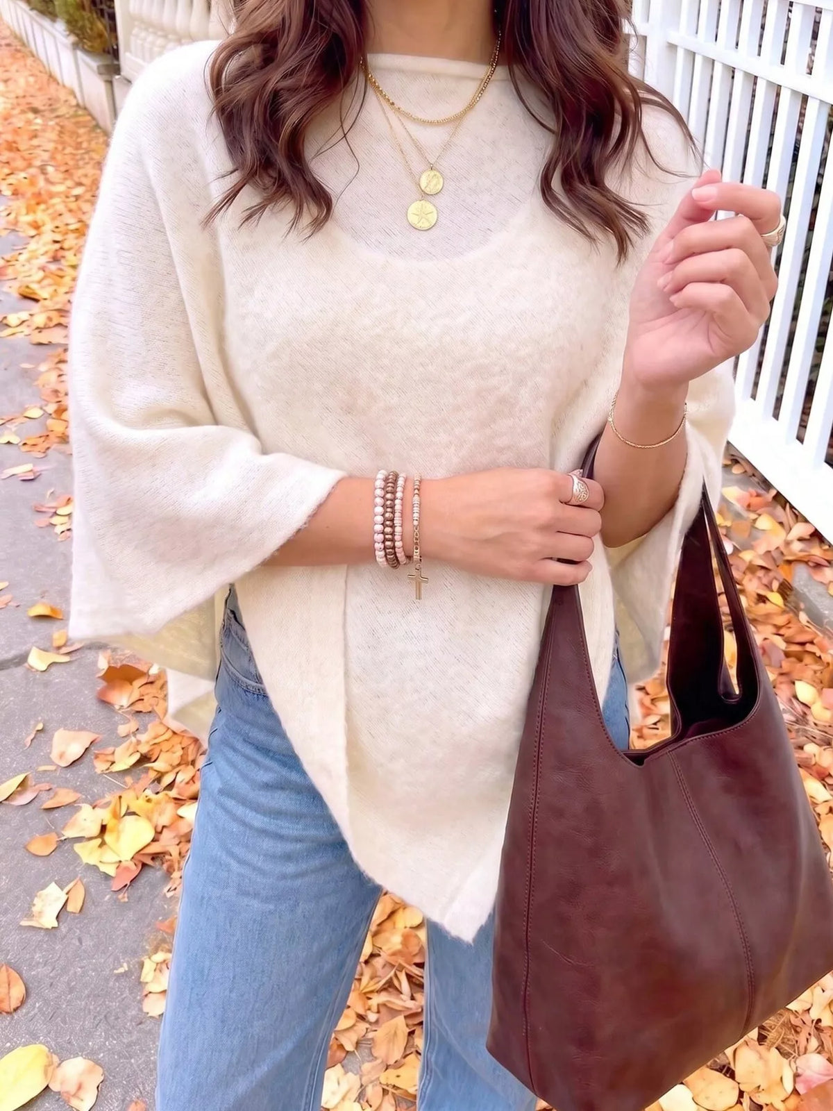 Milky White Oversized Round Neck Cape Sweater, front view