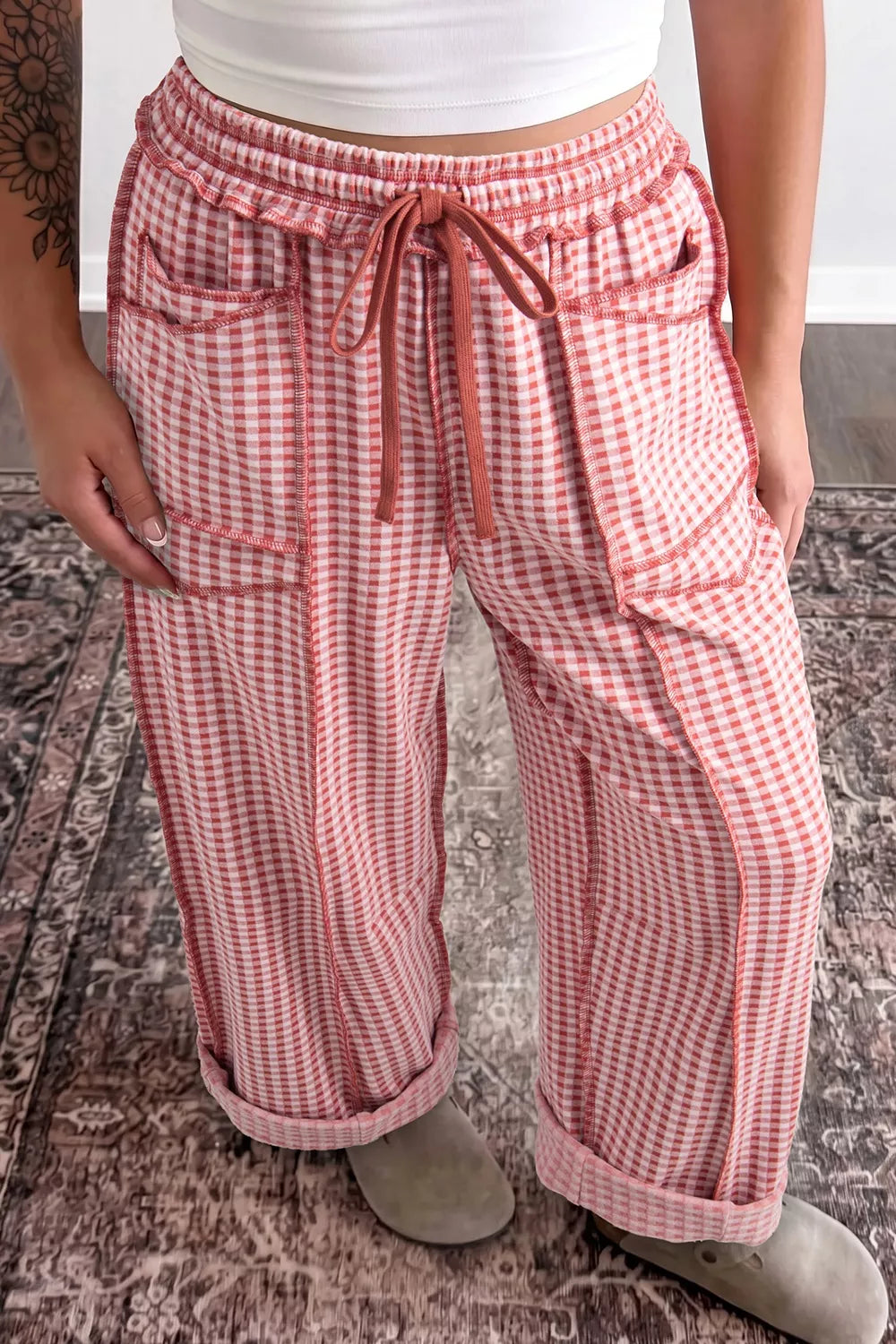 Trendsi Gingham High-Waisted Drawstring Wide-Leg Pants -