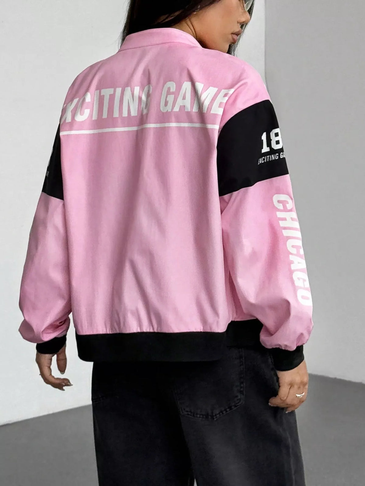 Pink and white letter-print zip-front jacket, back view