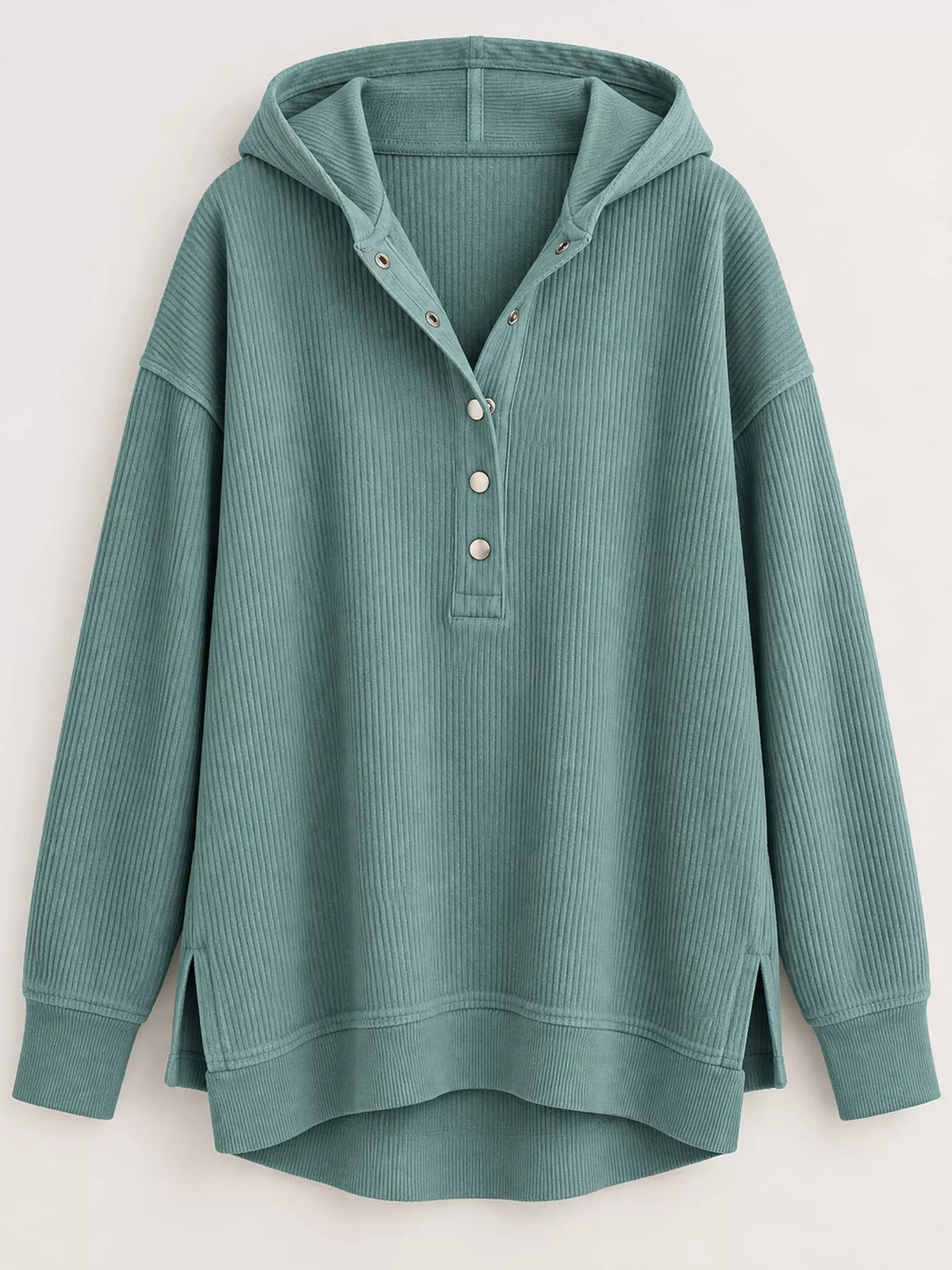 Women's Snap Button Placket Dropped Shoulder Hoodie in teal — flat lay view