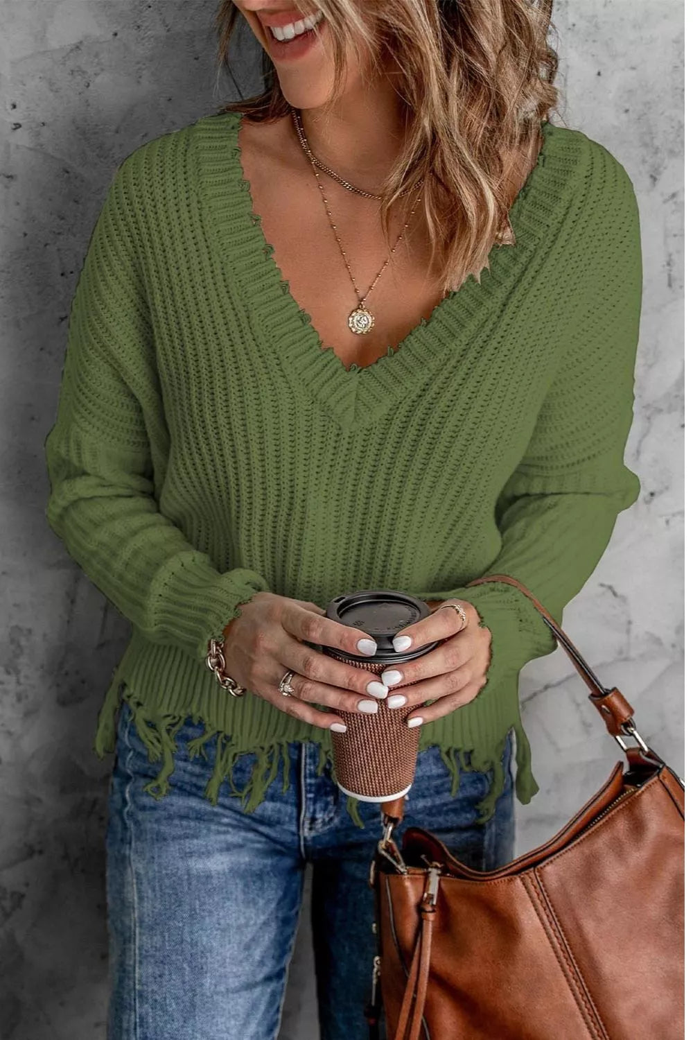 Army green raw-hem v-neck sweater