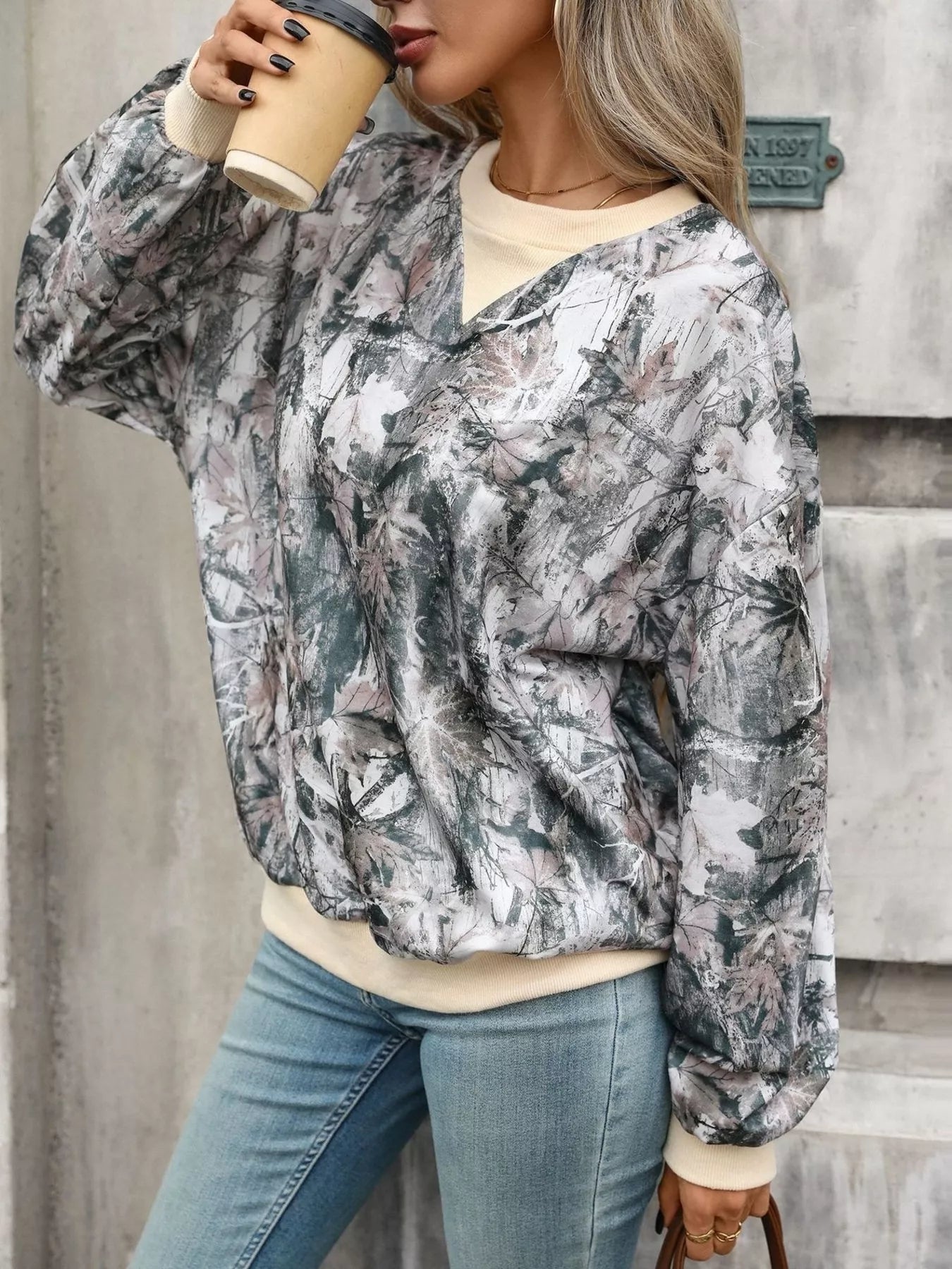 Trendsi Leaf Print Sweatshirt with Contrasting Trim -