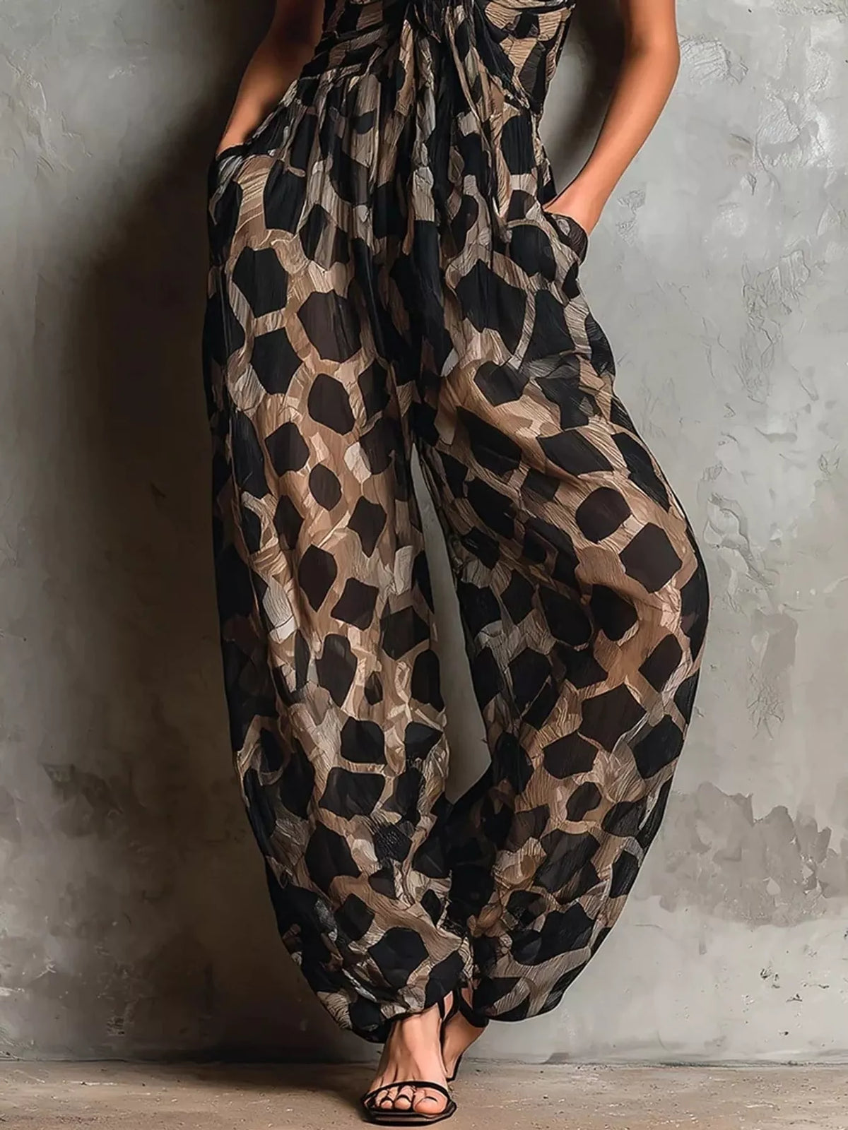Tie-Knot Detail Geometric Print Wide-Leg Jumpsuit — front view