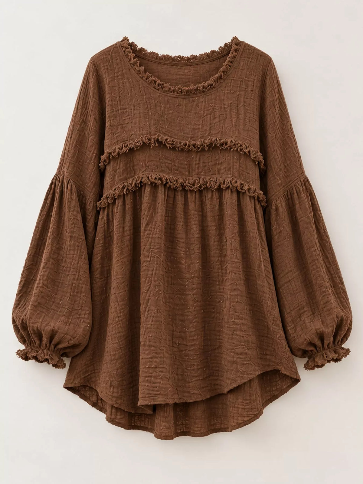 Brown textured frayed-trim peplum blouse, product view