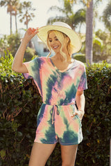 Trendsi BiBi Tie Dye French Terry V-Neck Romper with A Hole and Side Pocket and A Drawstring -