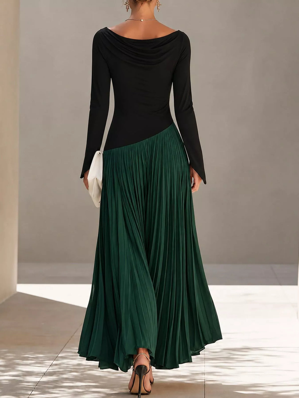 Cowl neck long sleeve maxi dress, back view