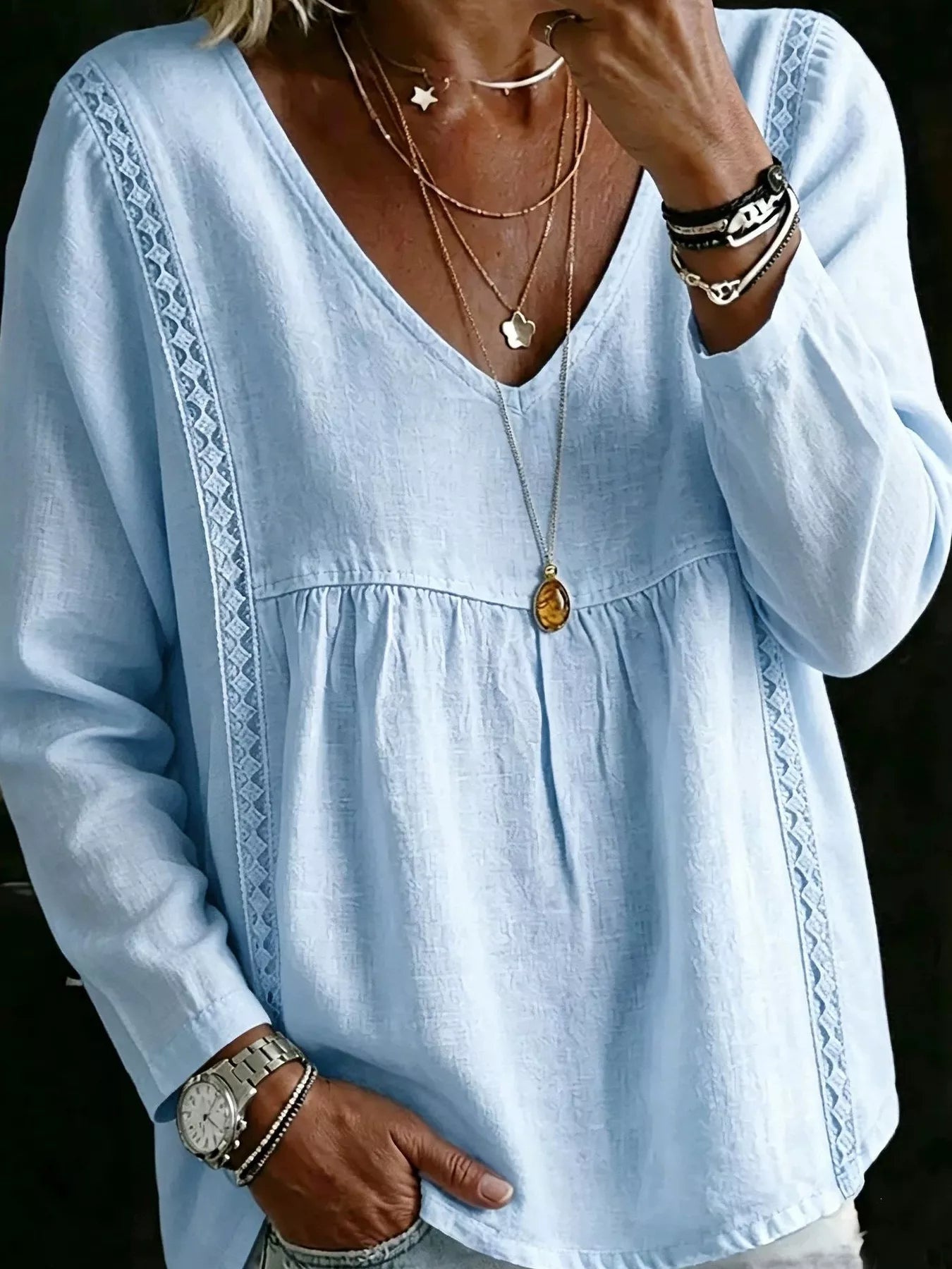 Trendsi Full Size V-Neck Lace Trimmed Long Sleeve Blouse Plus Size -