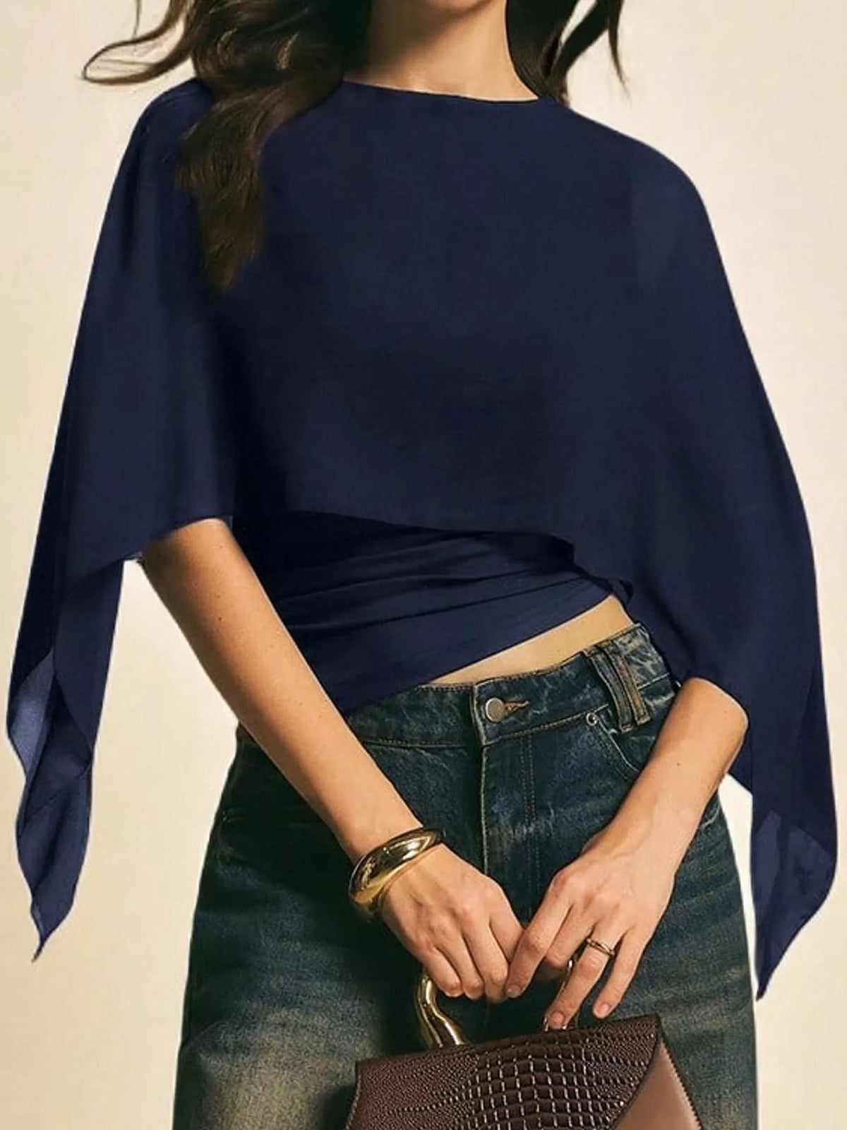 Navy cape sleeve round neck blouse