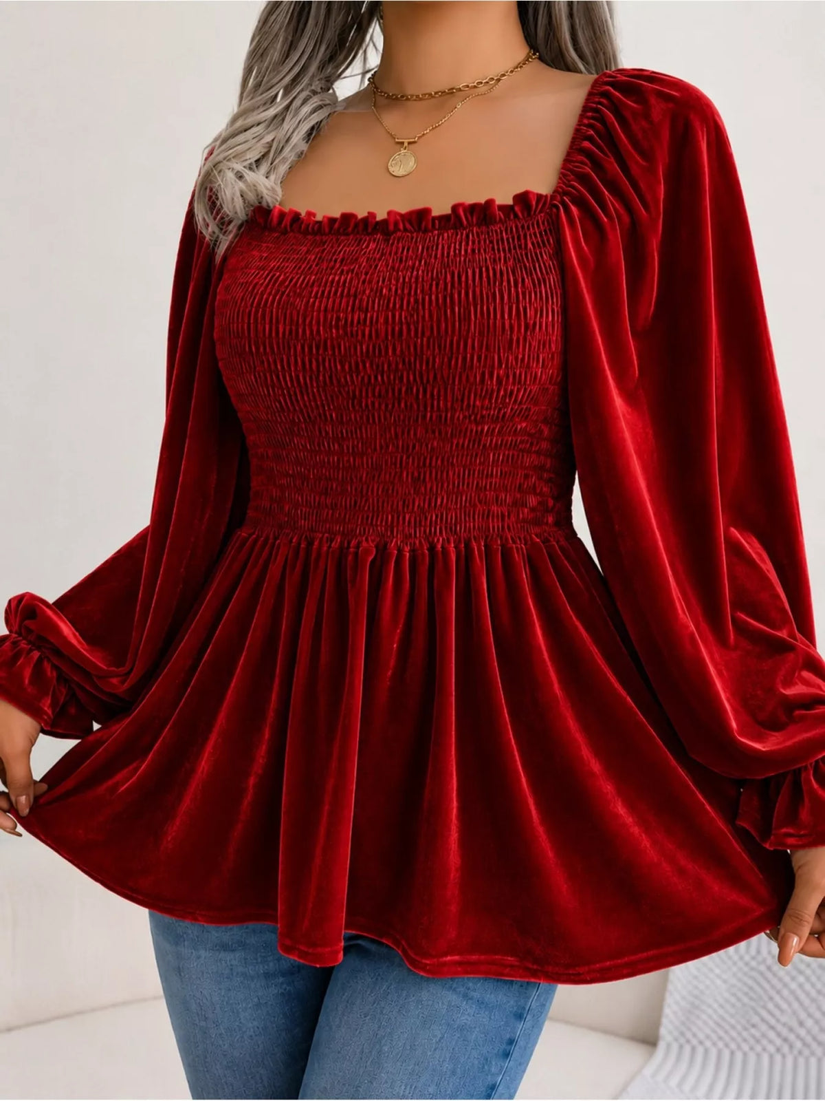 Women's Velvet Smocked Peplum Blouse in Burgundy, front view