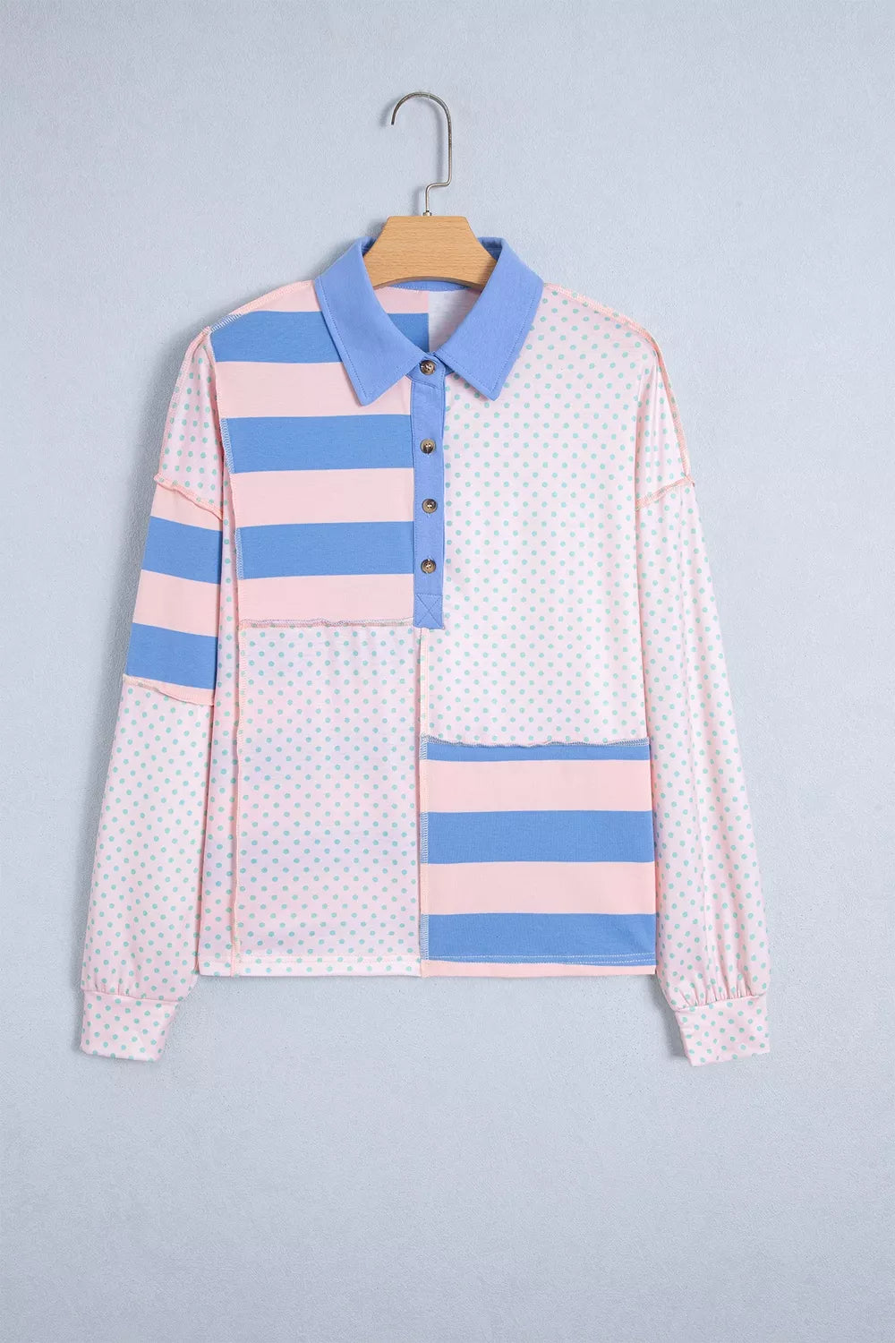 Striped Polka Dot Long Sleeve Polo Top, front view