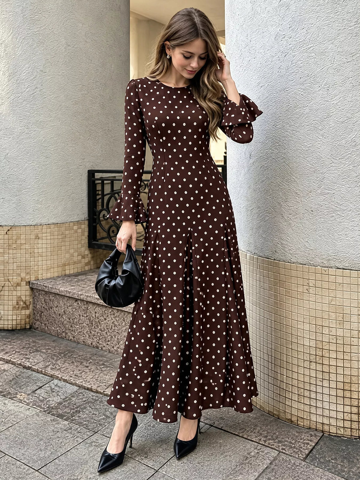 Brown polka dot long sleeve maxi dress