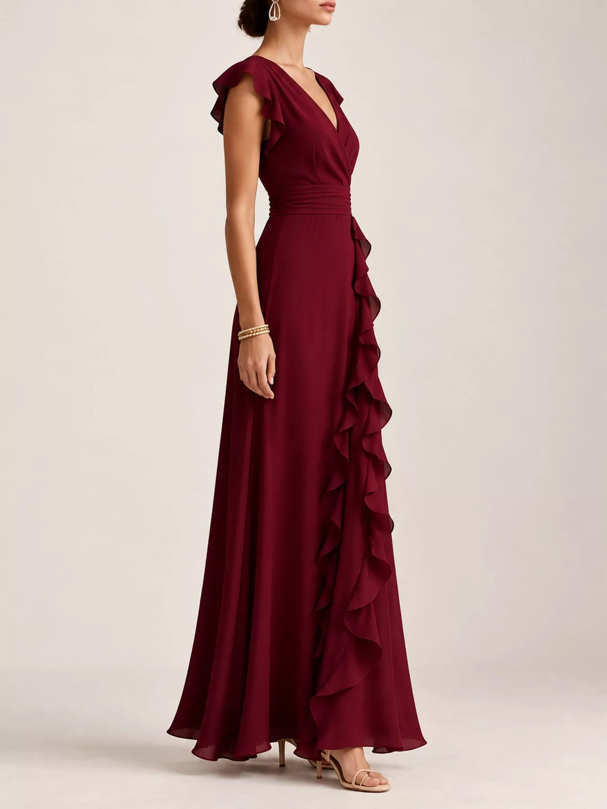 Burgundy ruffled surplice maxi dress, side view