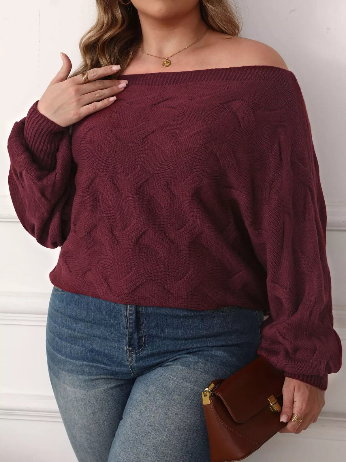 Trendsi Plus Size Off-Shoulder Long Sleeve Sweater -
