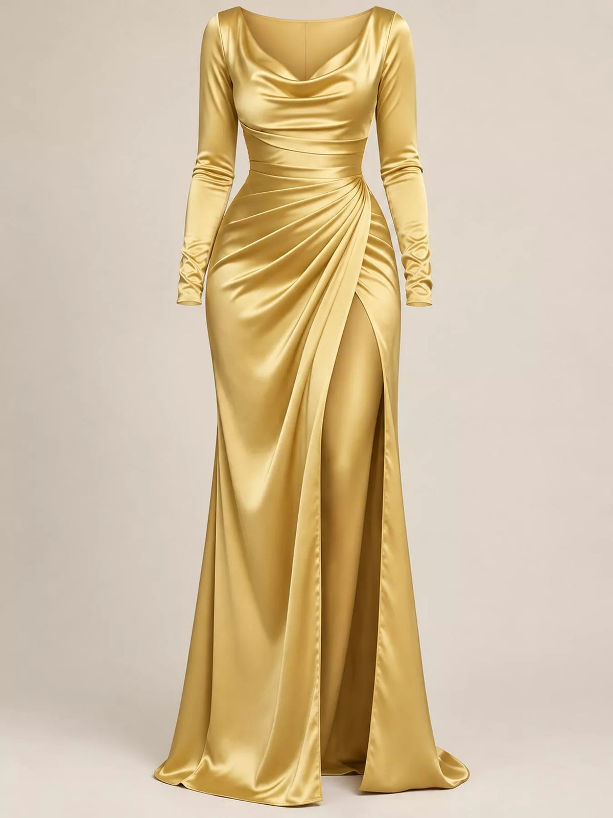 Yellow satin cowl neck high-slit maxi dress, front product view