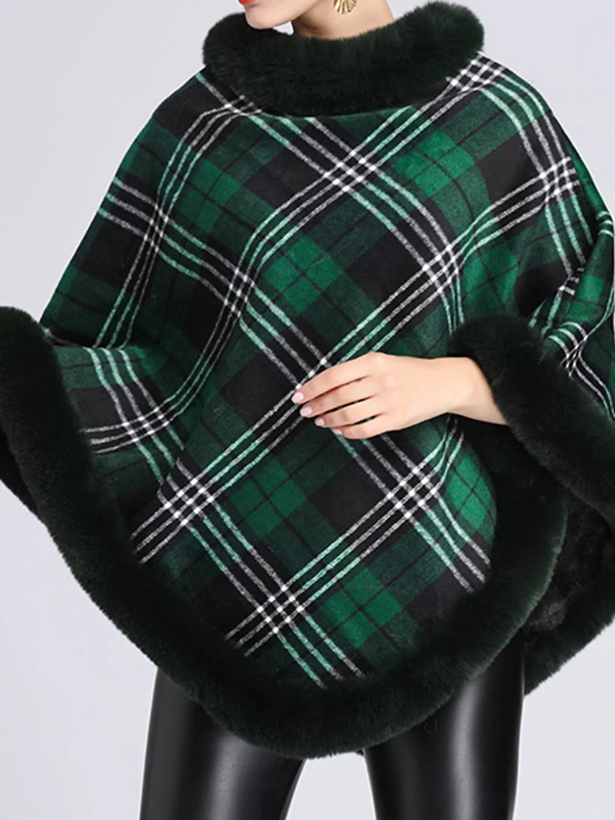 Dark Green-Plaid plaid faux fur trimmed poncho cape