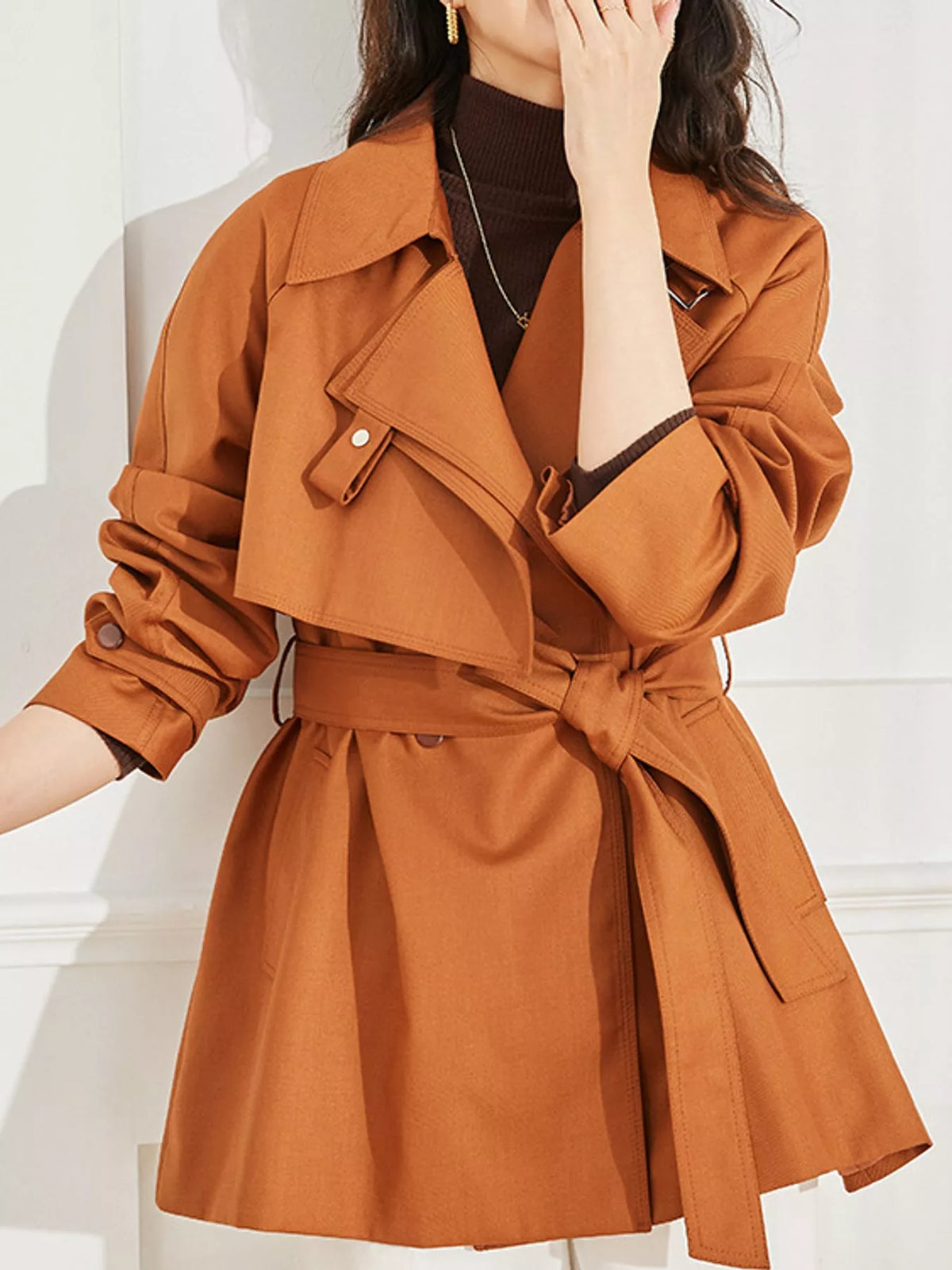Double-Breasted Tie Waist Trench Coat in orange