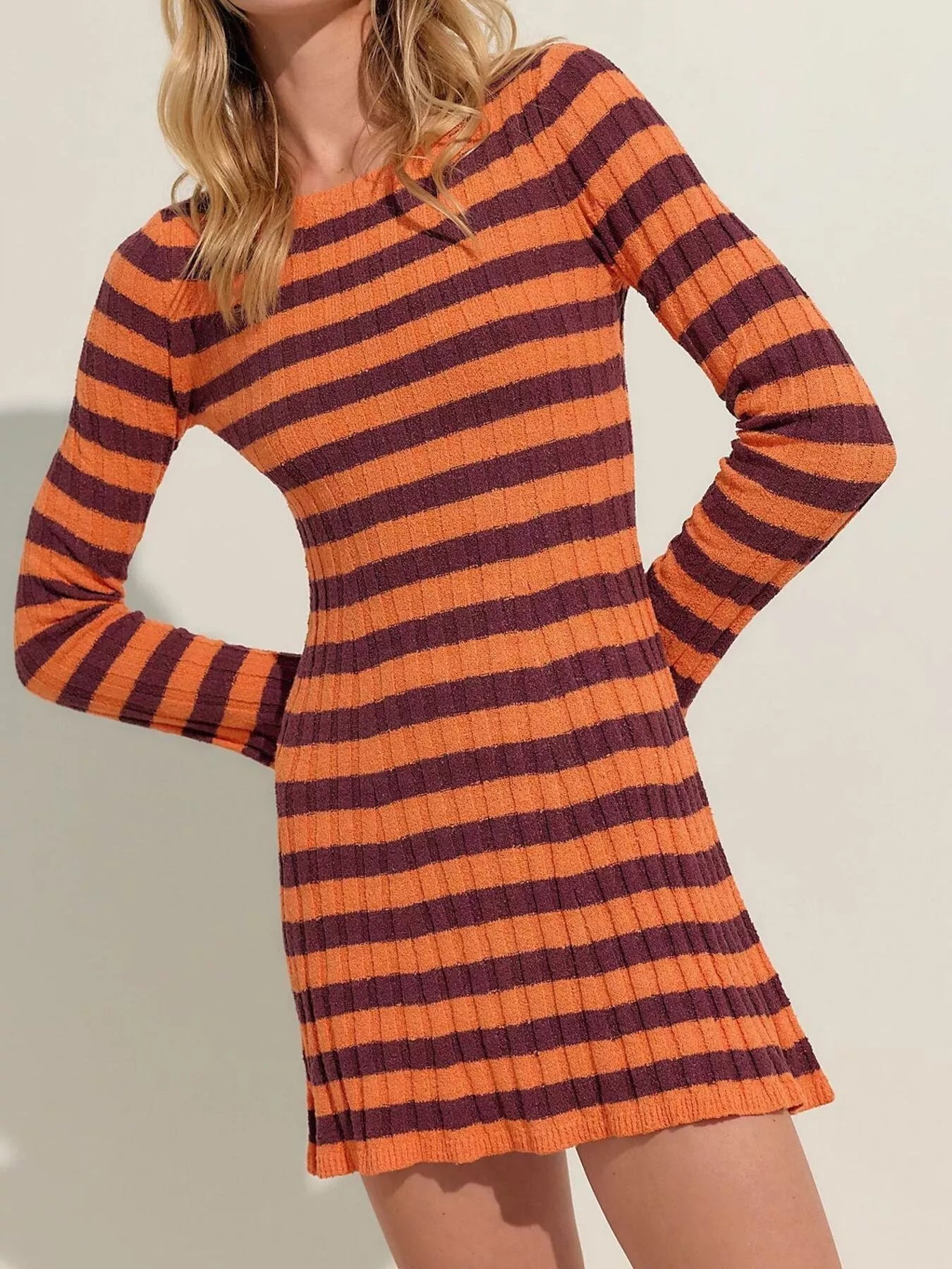 Trendsi Striped Ribbed Knit Long Sleeve Sweater Dress -