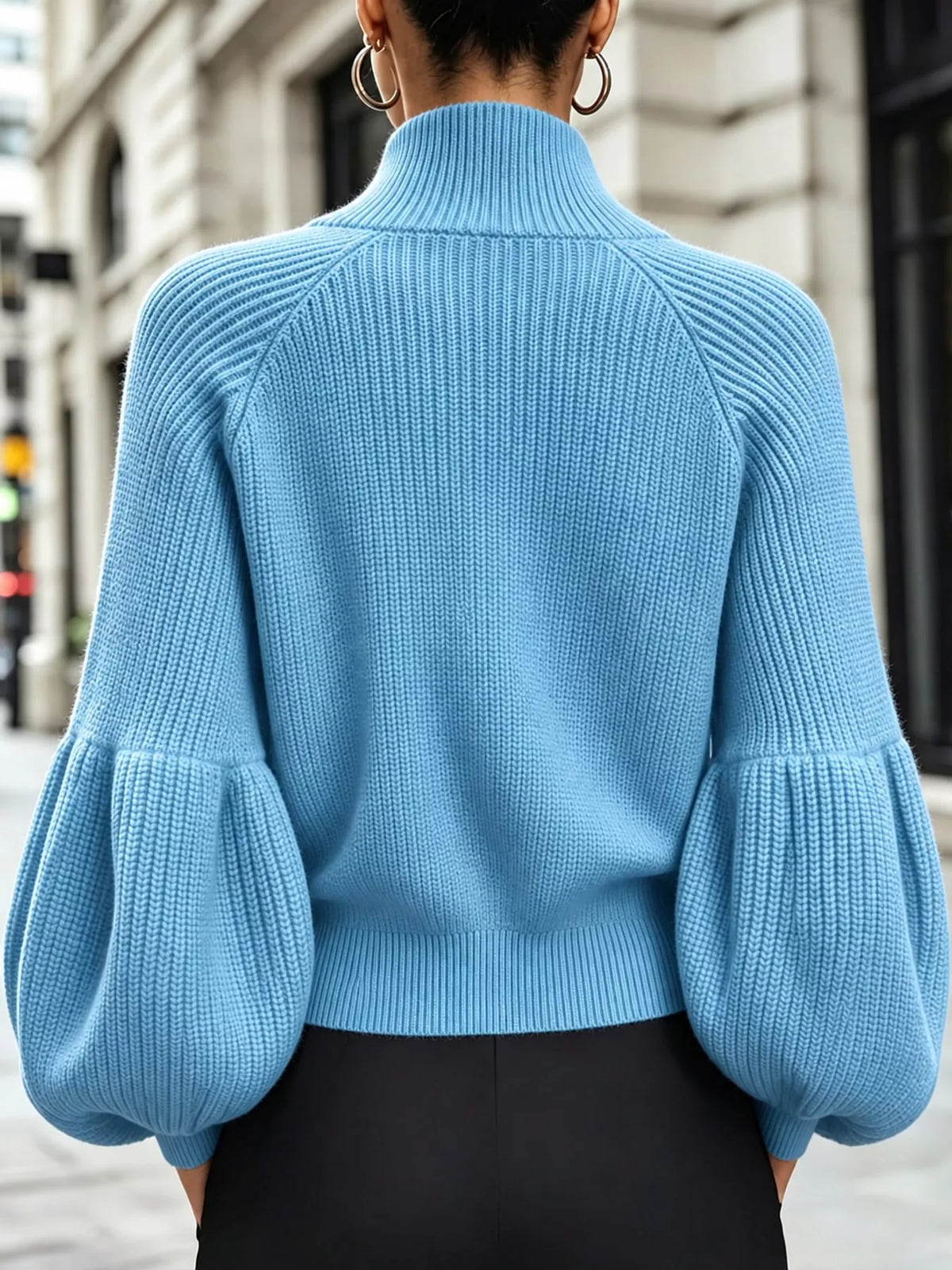 Sky Blue ribbed knit zip-up lantern sleeve cardigan, back view