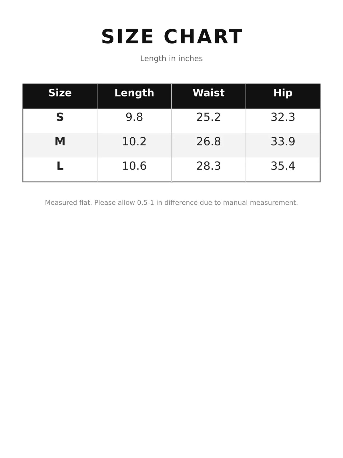 Size chart for fold-over waist flared pants
