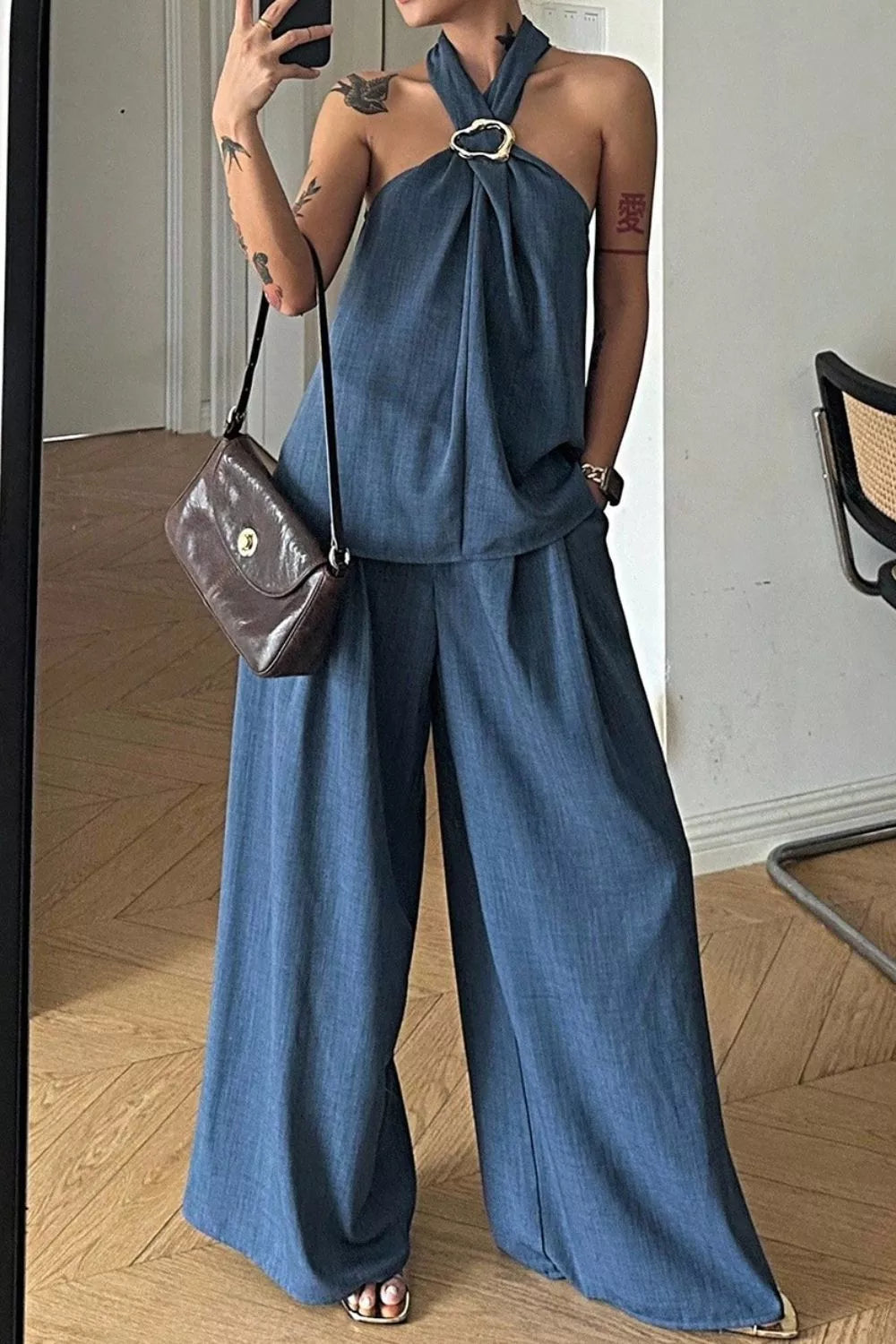 Trendsi Halter Neck Top and Wide-Leg Pants Set -