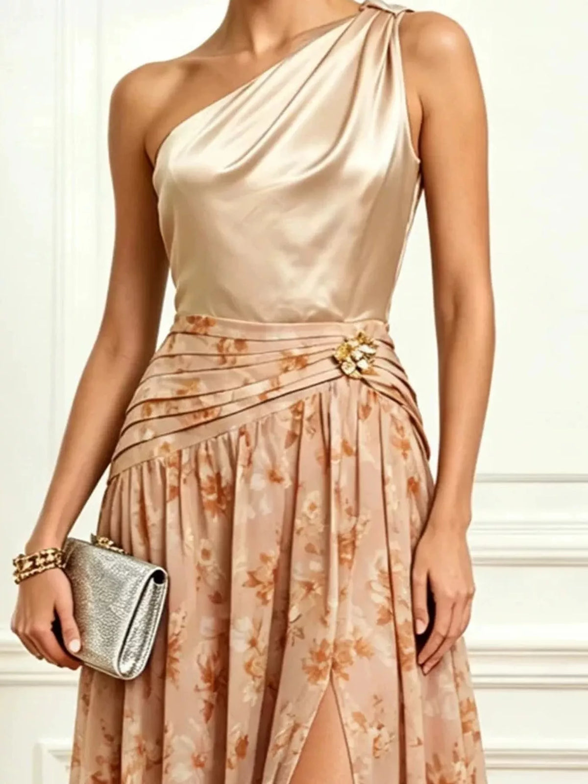 One-Shoulder Floral Print High-Slit Evening Dress — construction details