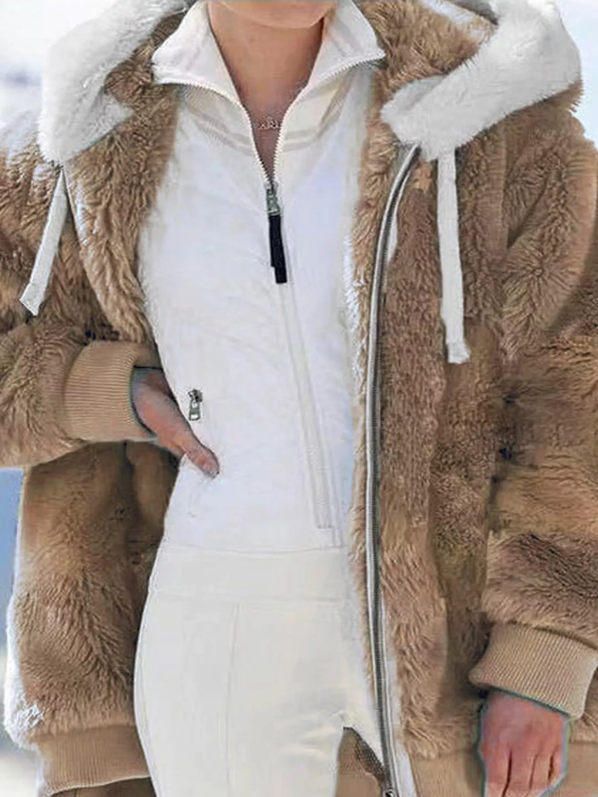 Tan with white hood trim faux fur zip up hooded jacket, front view