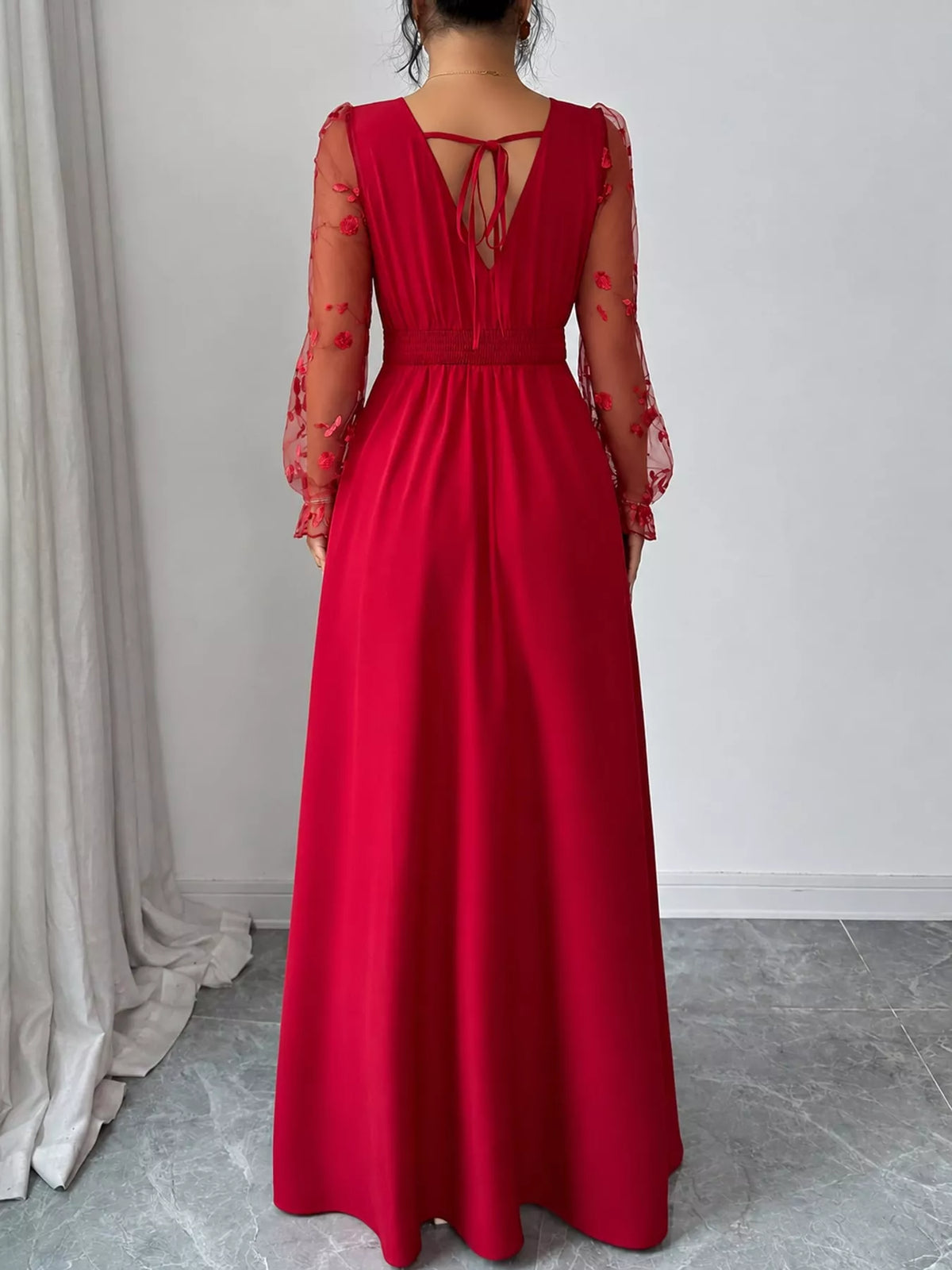 V-neck long sleeve maxi dress, back view