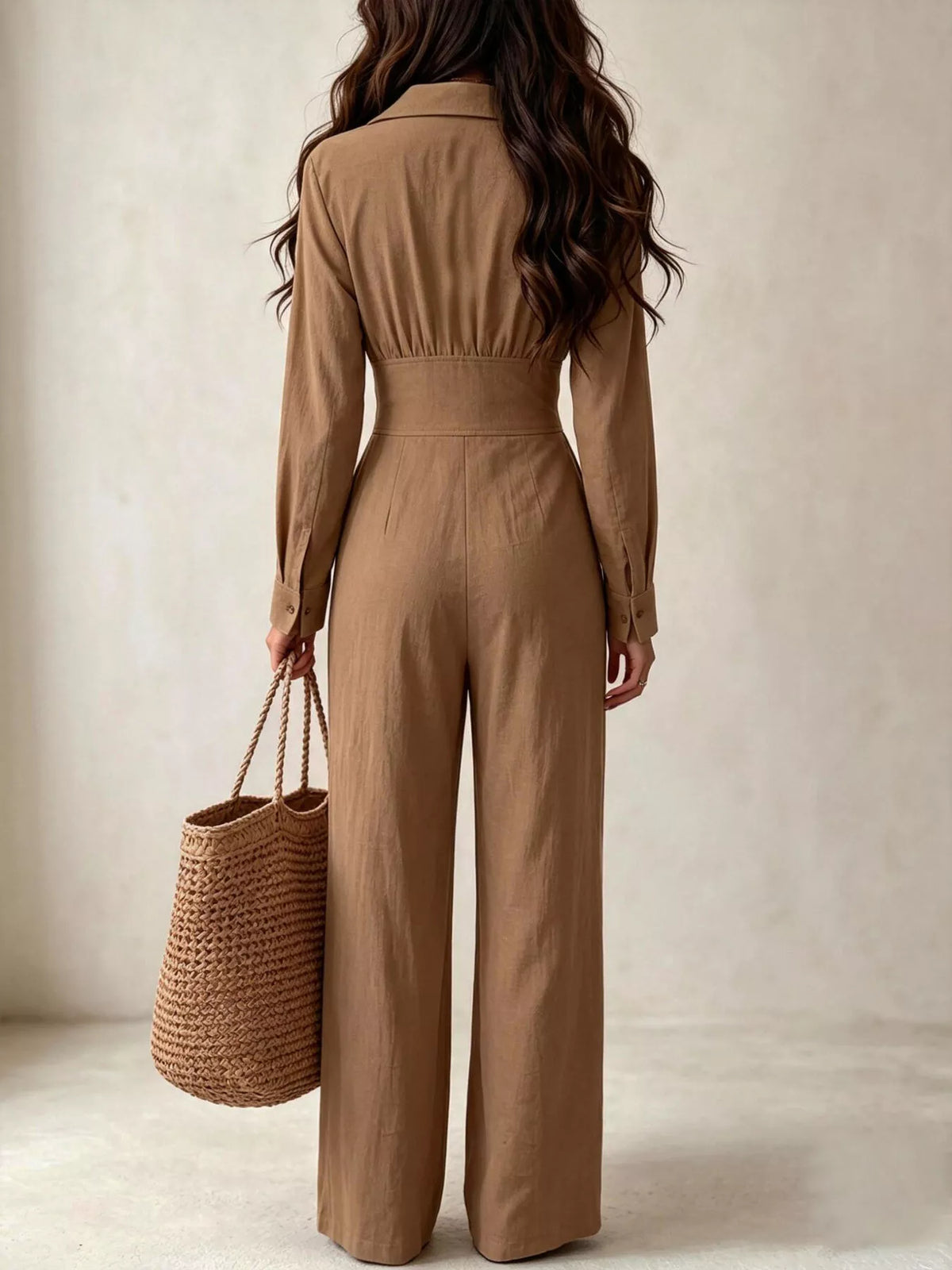 Brown Lapel-Collar Button-Front Wide-Leg Jumpsuit back view