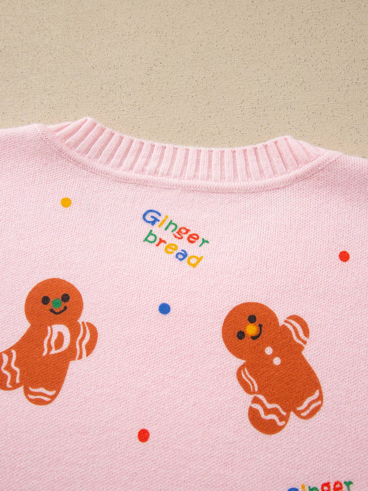 Gingerbread Pattern Long Sleeve Round Neck Sweater in pink, back neckline detail