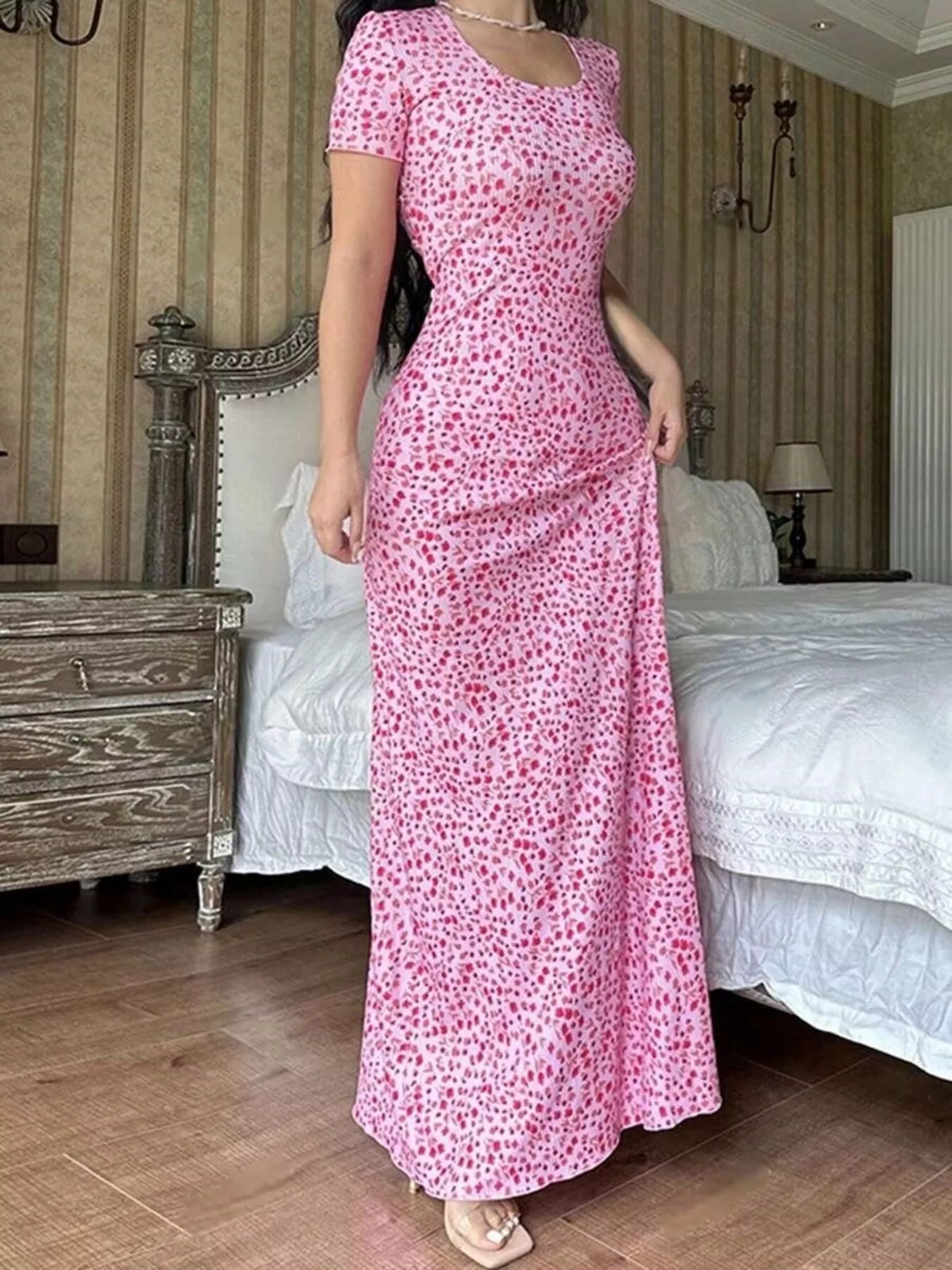 Short-Sleeve Tie-Back Maxi Dress in pink floral, front view