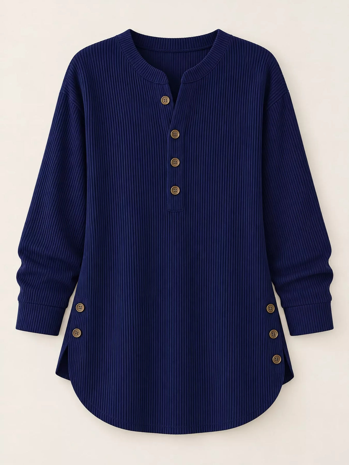 Navy button detail long sleeve top, front view
