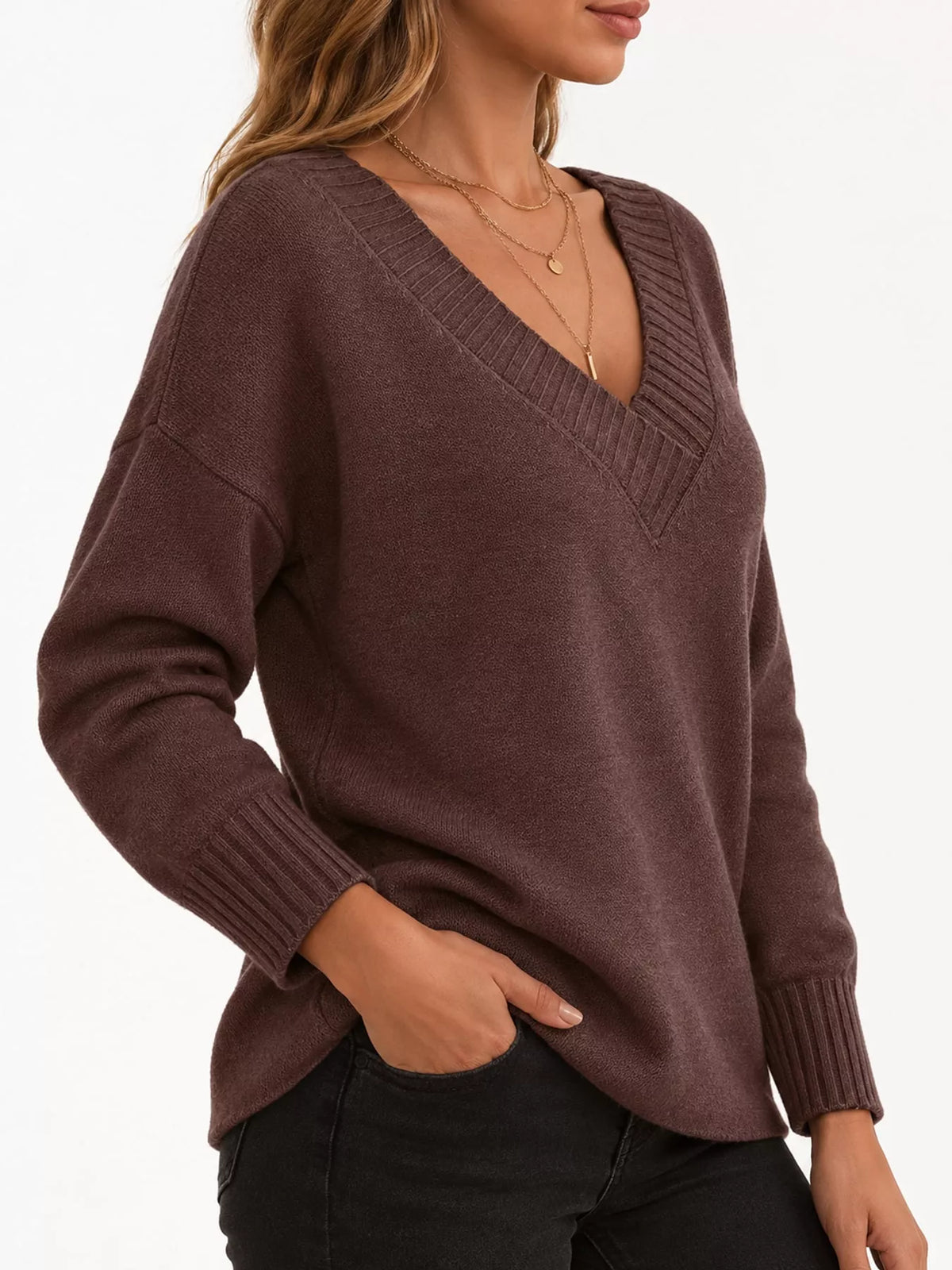V-neck sweater, brown side